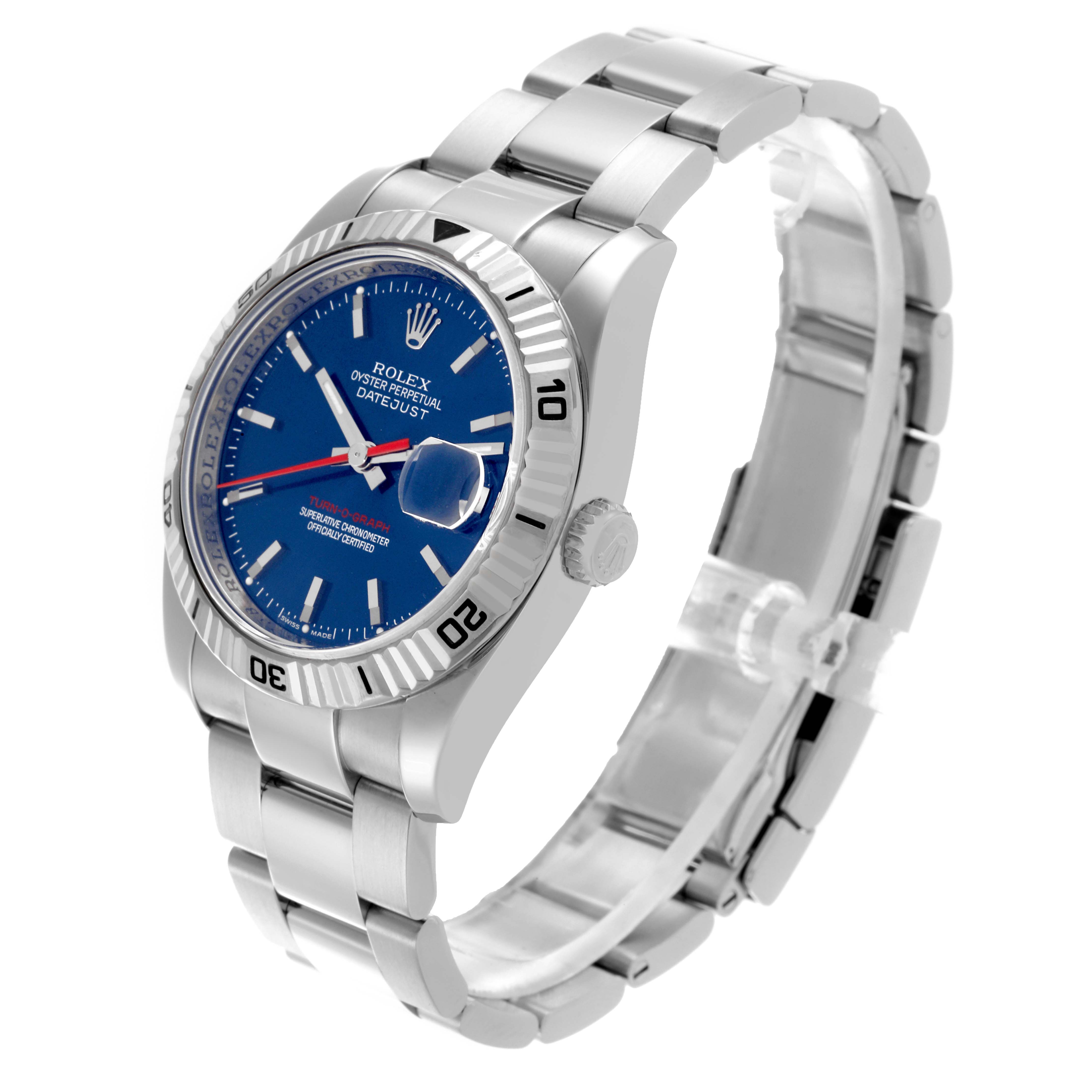 The Rolex Turn-o-Graph 116264 Men
s Stainless Steel Blue Dial 116264 Men
s Stainless Steel Blue Dial watch is shown at a three-quarter angle, highlighting the dial, bezel, crown, and bracelet.