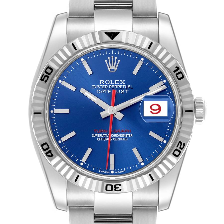 The Rolex Turn-o-Graph watch is shown from the front, highlighting the dial, bezel, and part of the bracelet.