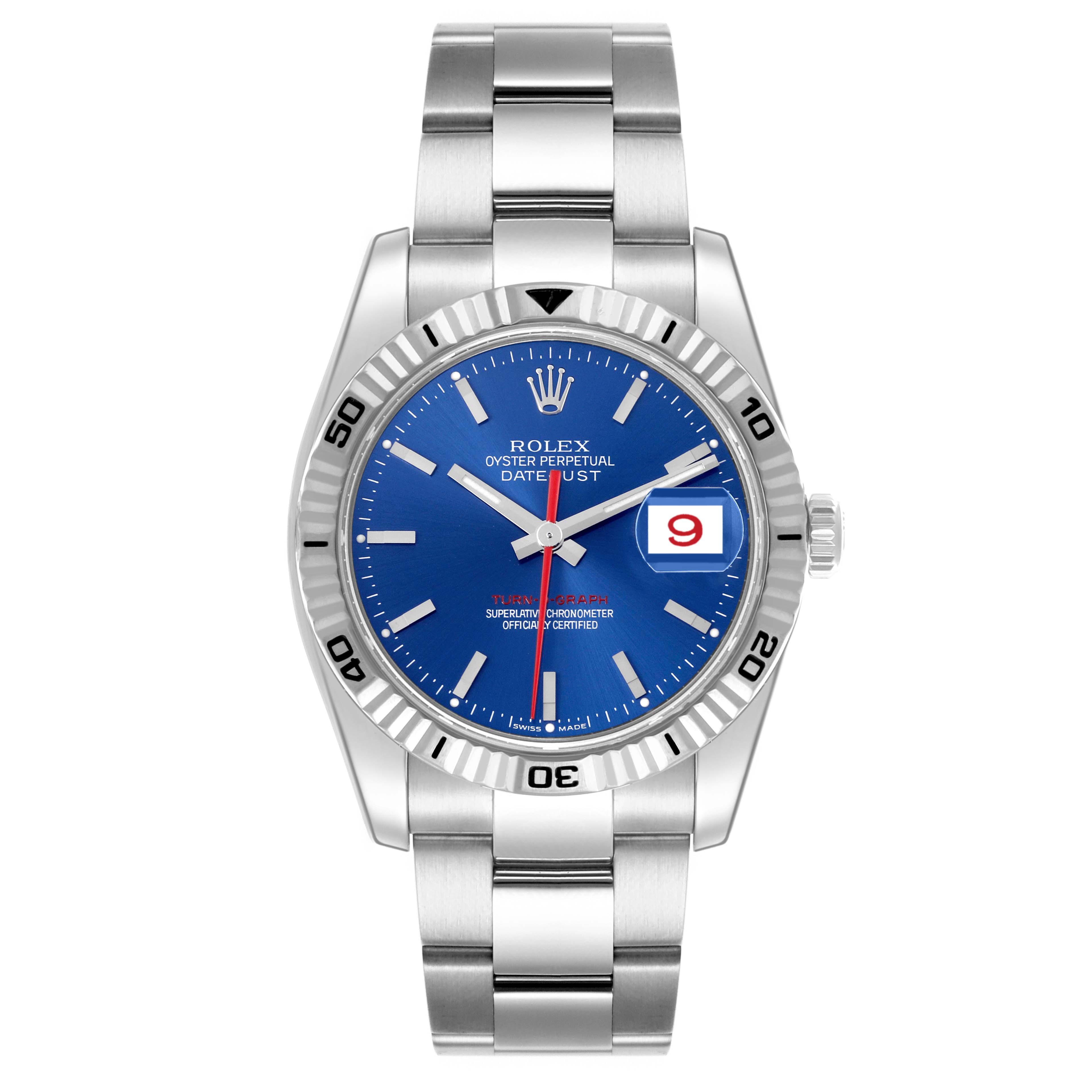 The Rolex Turn-o-Graph 116264 Men
s Stainless Steel Blue Dial 116264 Men
s Stainless Steel Blue Dial watch is shown from a front angle, displaying the blue dial, bezel, and stainless steel bracelet.