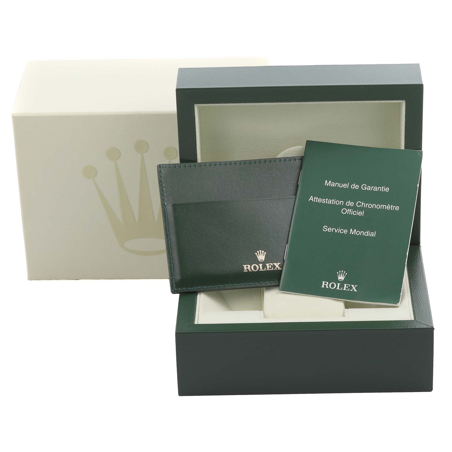 The image shows a Rolex Turn-o-Graph 116264 Men
s Stainless Steel Blue Dial 116264 Men
s Stainless Steel Blue Dial watch box with a warranty booklet and card holder.