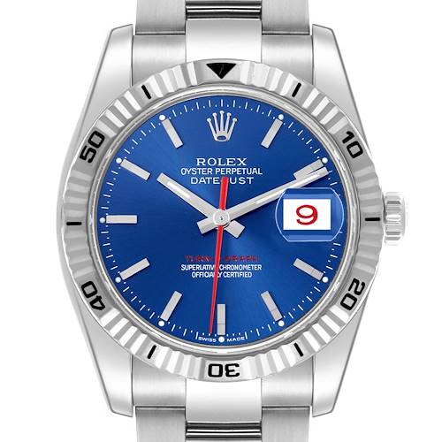 The image shows a front view of the Turn-o-Graph Rolex watch, highlighting its blue dial and fluted bezel.