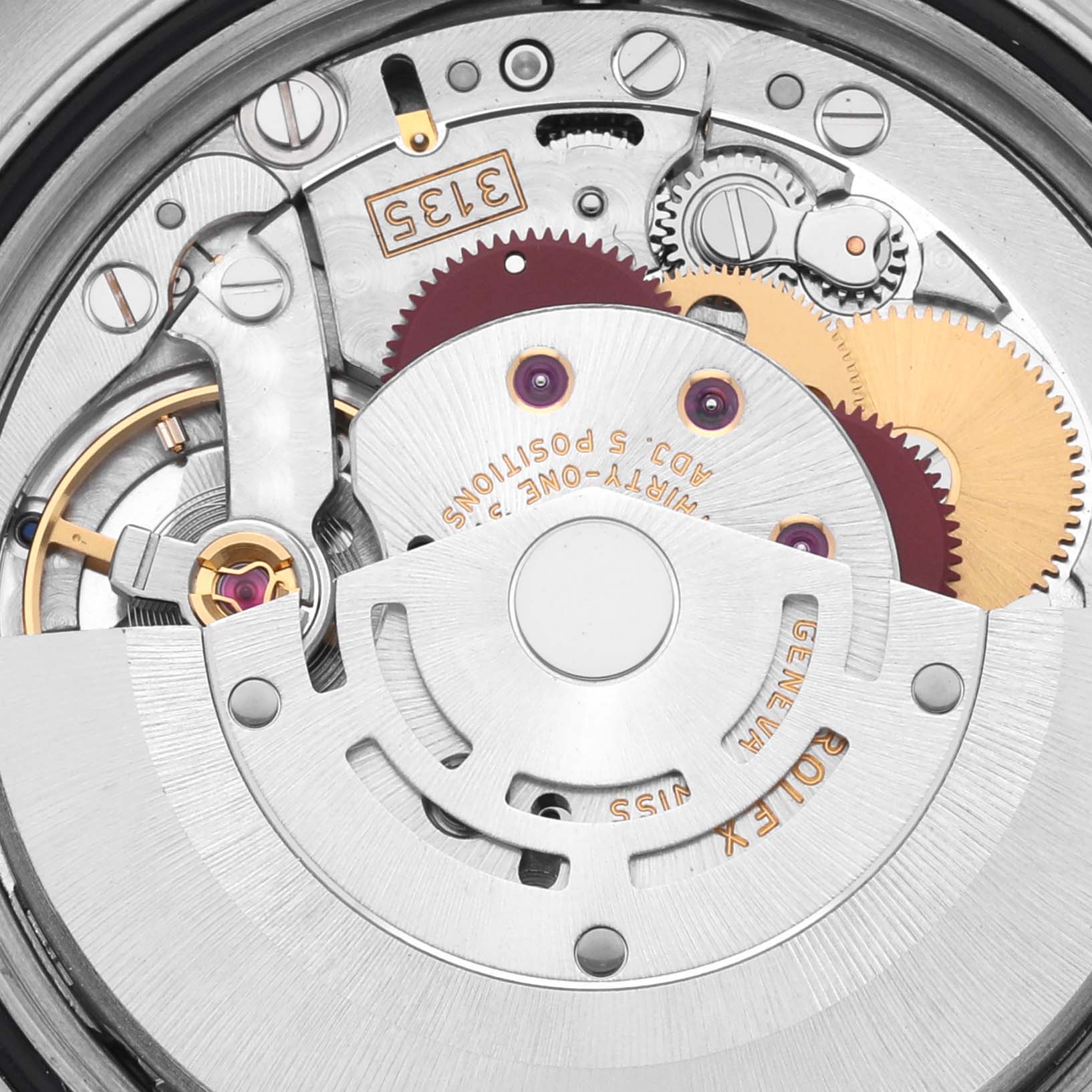 The image shows the intricate movement of the Rolex Turn-o-Graph 116264 Men
s Stainless Steel Blue Dial 116264 Men
s Stainless Steel Blue Dial watch, viewed from the back, highlighting gears and the rotor.