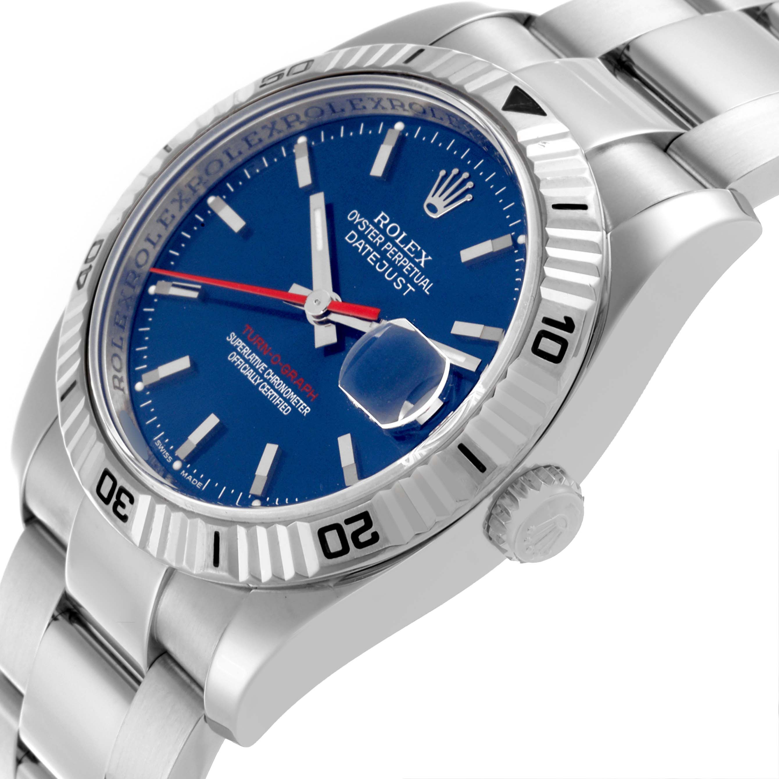 The Rolex Turn-o-Graph 116264 Men
s Stainless Steel Blue Dial 116264 Men
s Stainless Steel Blue Dial watch is shown at a slight side angle, highlighting the bezel, crown, and part of the bracelet.
