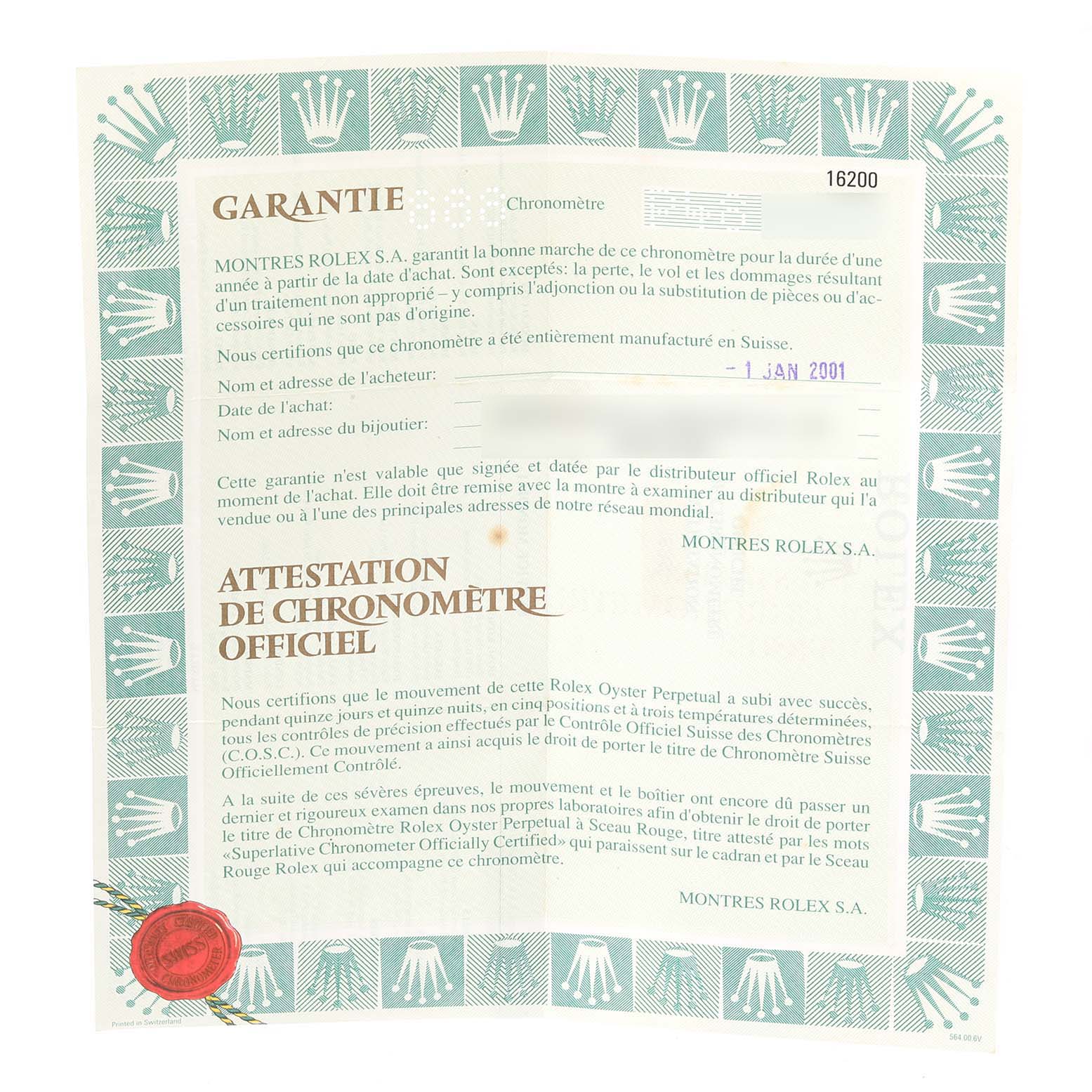 The image displays a warranty card for a Rolex Datejust 16200 Men's Stainless Steel White Dial 16200 Men's Stainless Steel White Dial watch, including purchase details and certification.