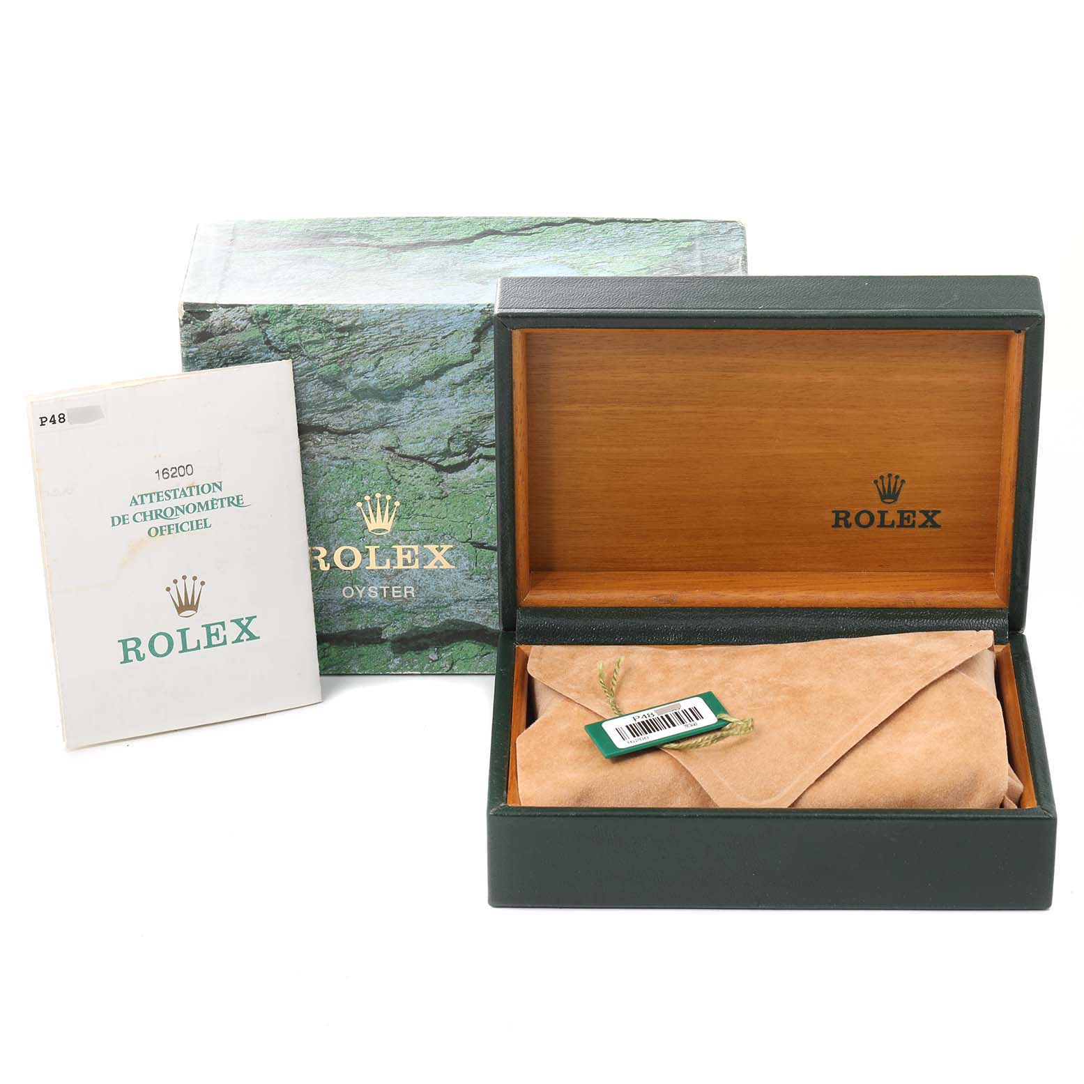 The image shows the open green box of a Rolex Datejust 16200 Men's Stainless Steel White Dial 16200 Men's Stainless Steel White Dial with a beige pouch inside and accompanying papers on the left.