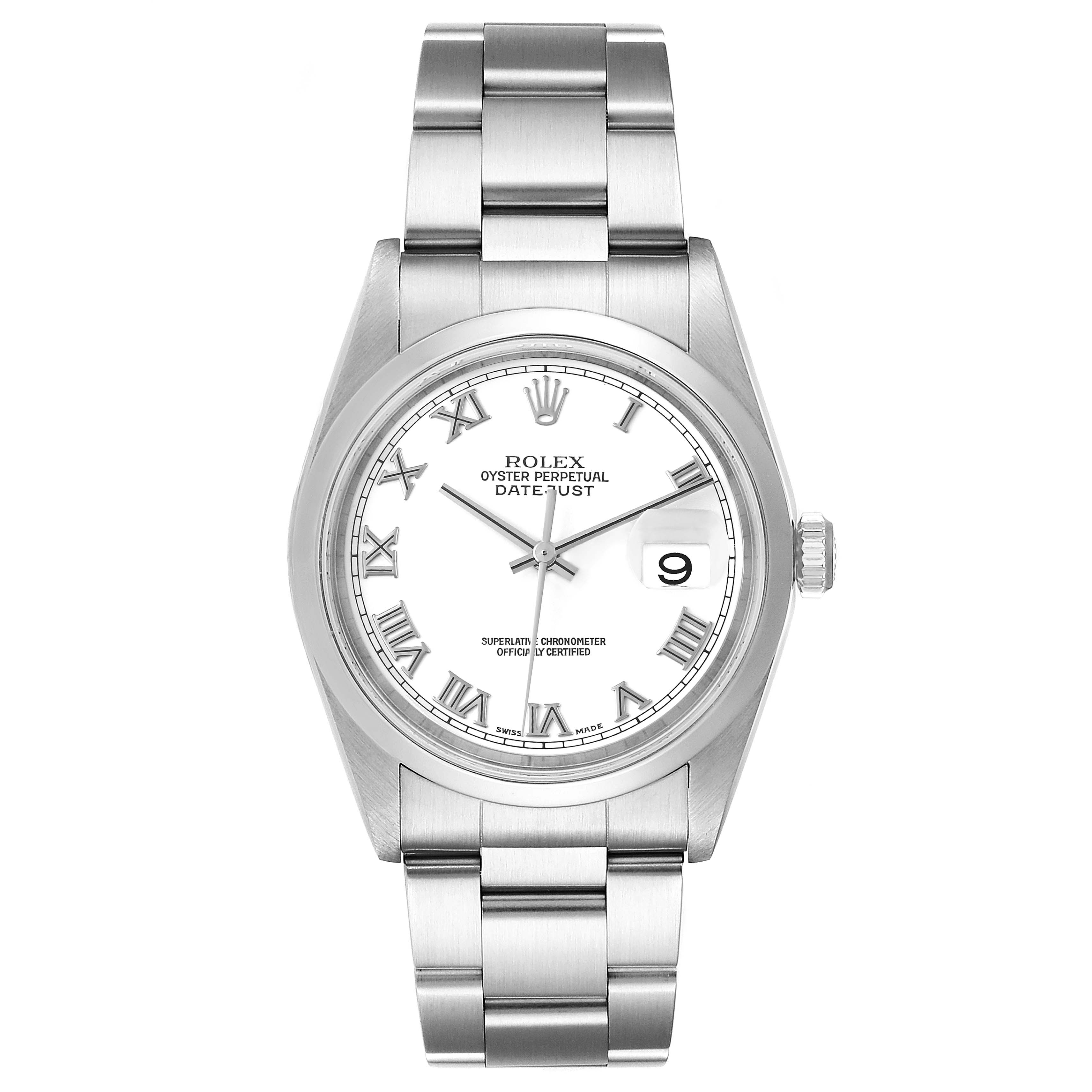 The Rolex Datejust 16200 Men's Stainless Steel White Dial 16200 Men's Stainless Steel White Dial watch is shown from the front, displaying its face, bezel, dial, hands, and bracelet.