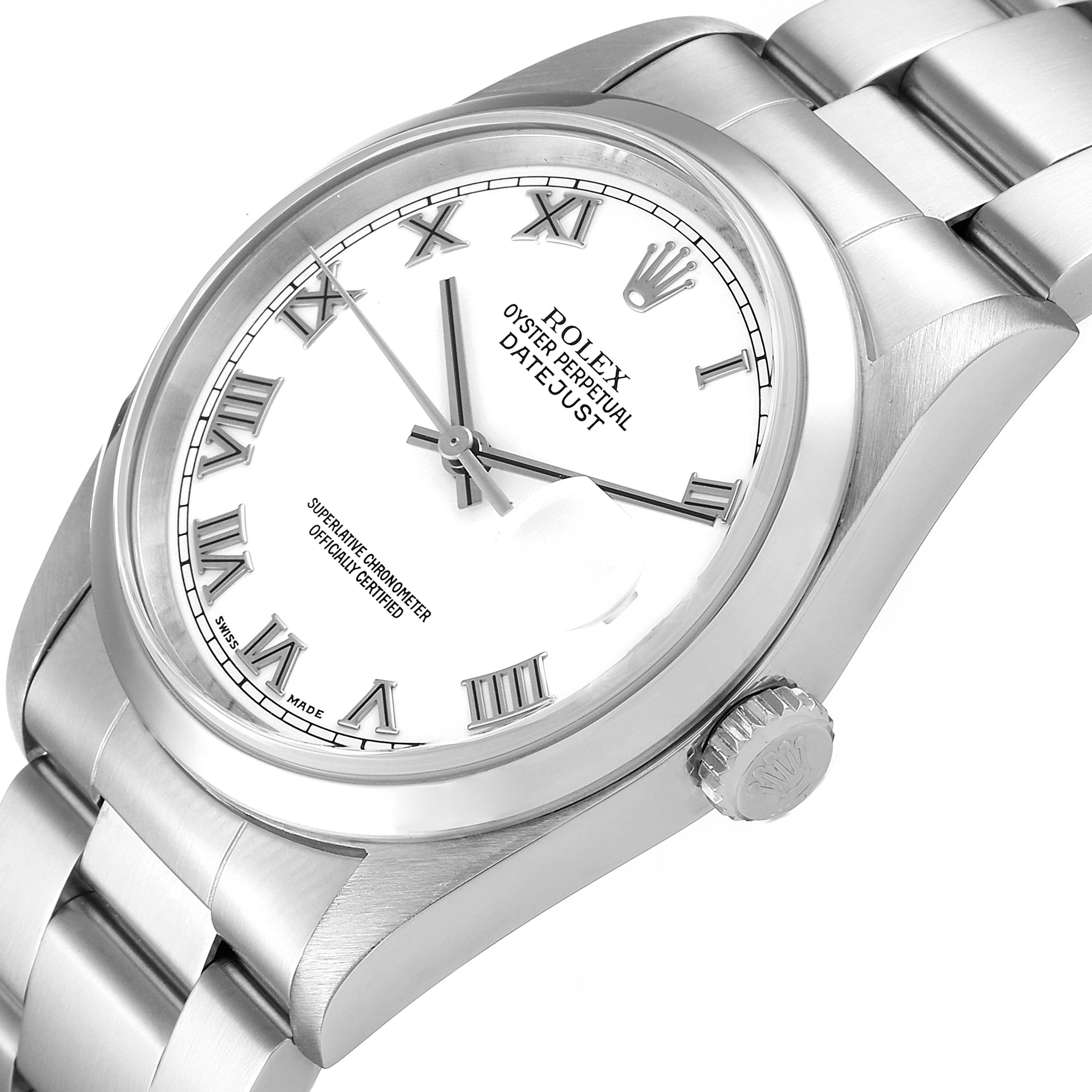The image shows a close-up of the Rolex Datejust 16200 Men's Stainless Steel White Dial 16200 Men's Stainless Steel White Dial watch at an angled top-down view, highlighting the dial, bezel, and bracelet.