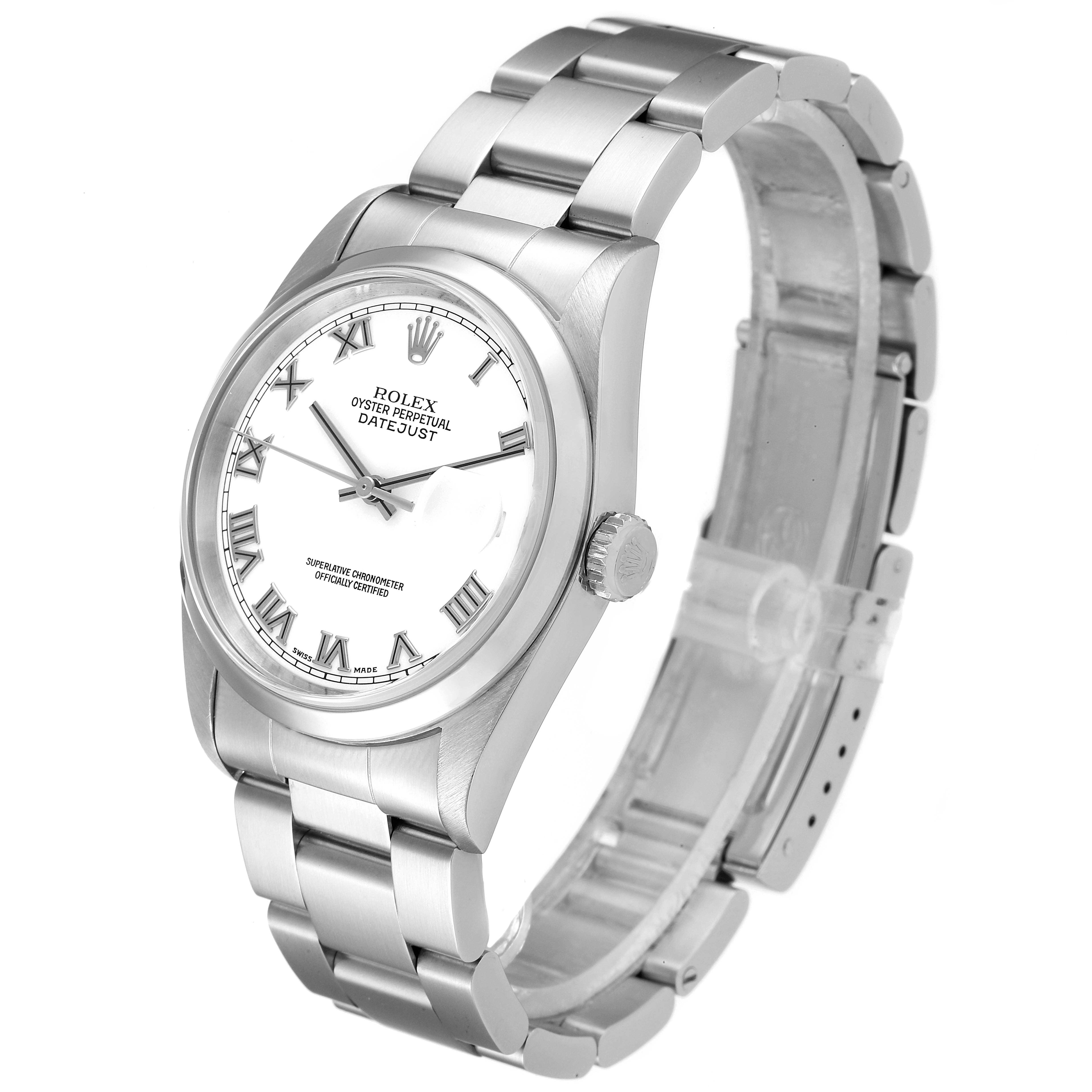 This image of a Rolex Datejust 16200 Men's Stainless Steel White Dial 16200 Men's Stainless Steel White Dial watch shows a side angle highlighting the dial, crown, and bracelet.