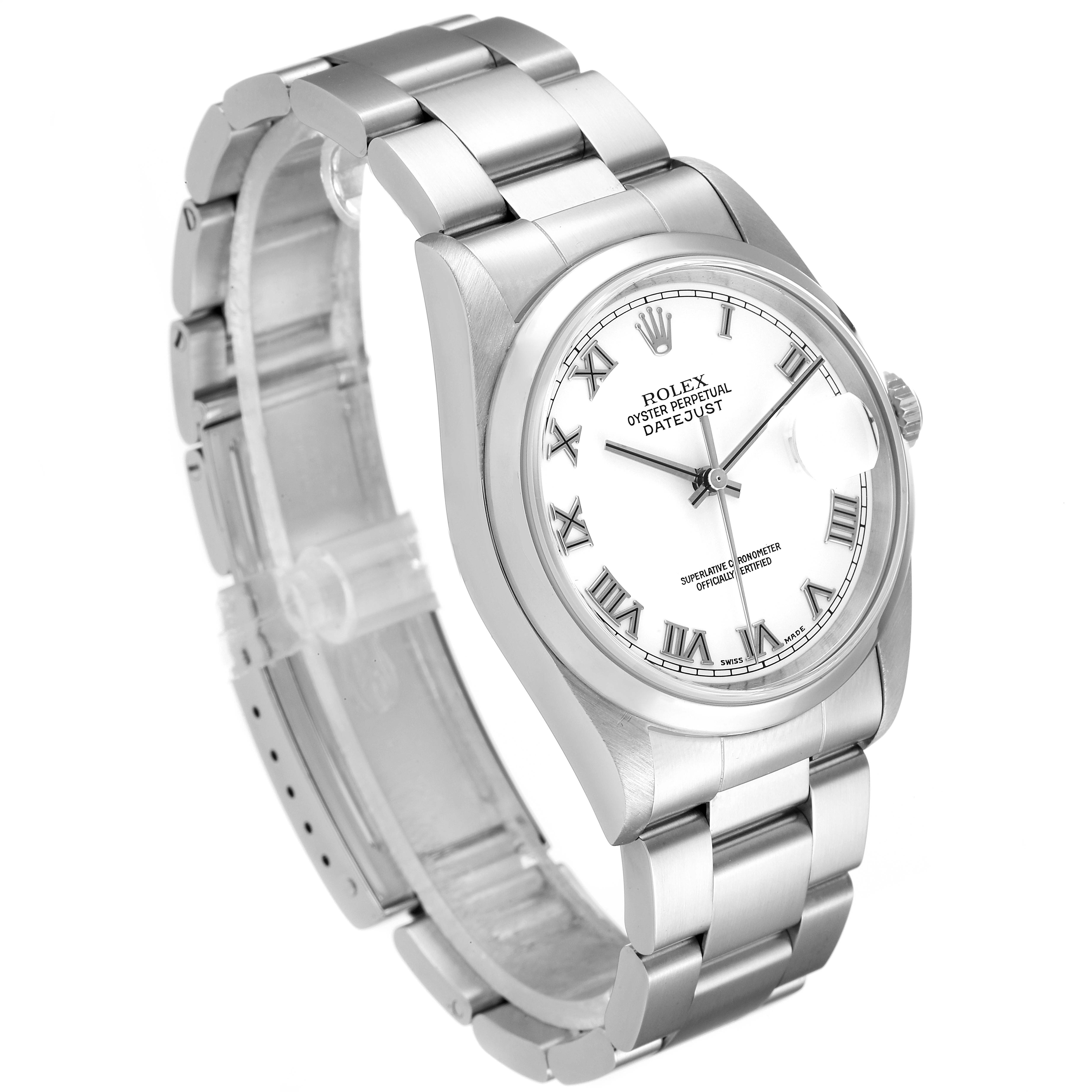 The Rolex Datejust 16200 Men's Stainless Steel White Dial 16200 Men's Stainless Steel White Dial watch is shown at a three-quarter angle, displaying the case, dial, bezel, and bracelet.