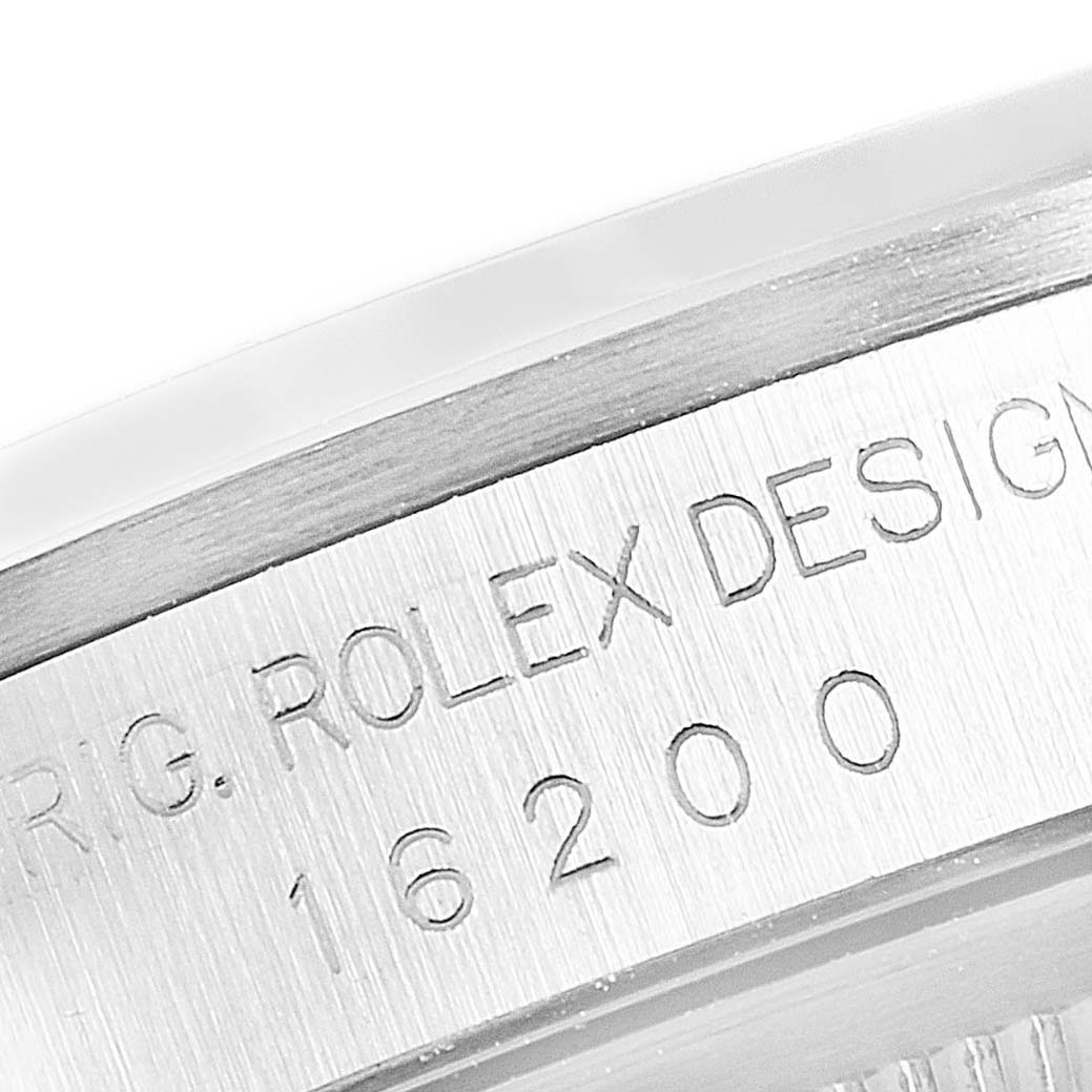 This close-up image shows the engraved model number "16200" on the side of a Rolex Datejust 16200 Men's Stainless Steel White Dial 16200 Men's Stainless Steel White Dial watch case.