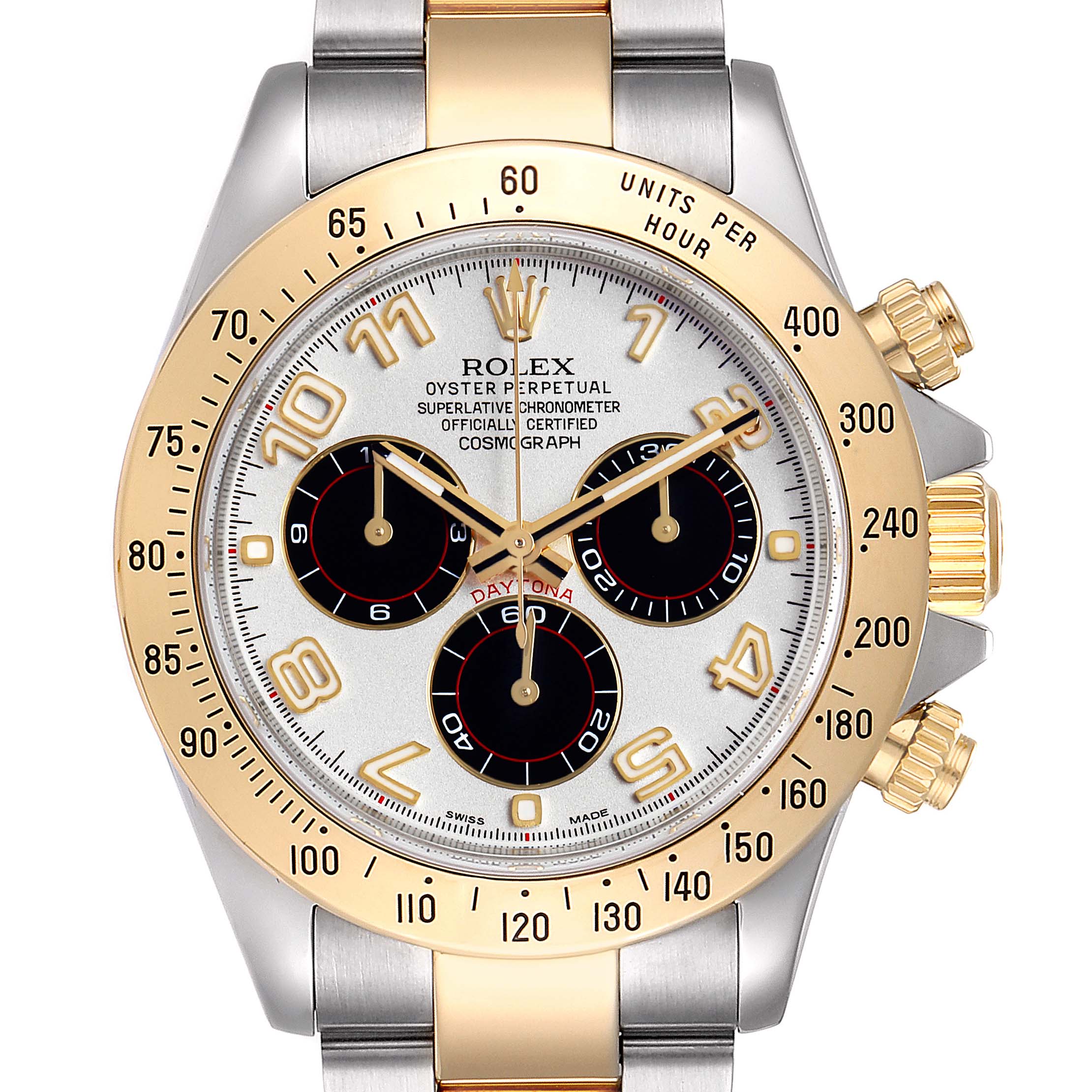 This image shows a front view of the Rolex Daytona 116523 Men's Steel and Gold (two tone) Silver Dial 116523 Men's Steel and Gold (two tone) Silver Dial watch, highlighting its dial, bezel, and chronograph sub-dials.