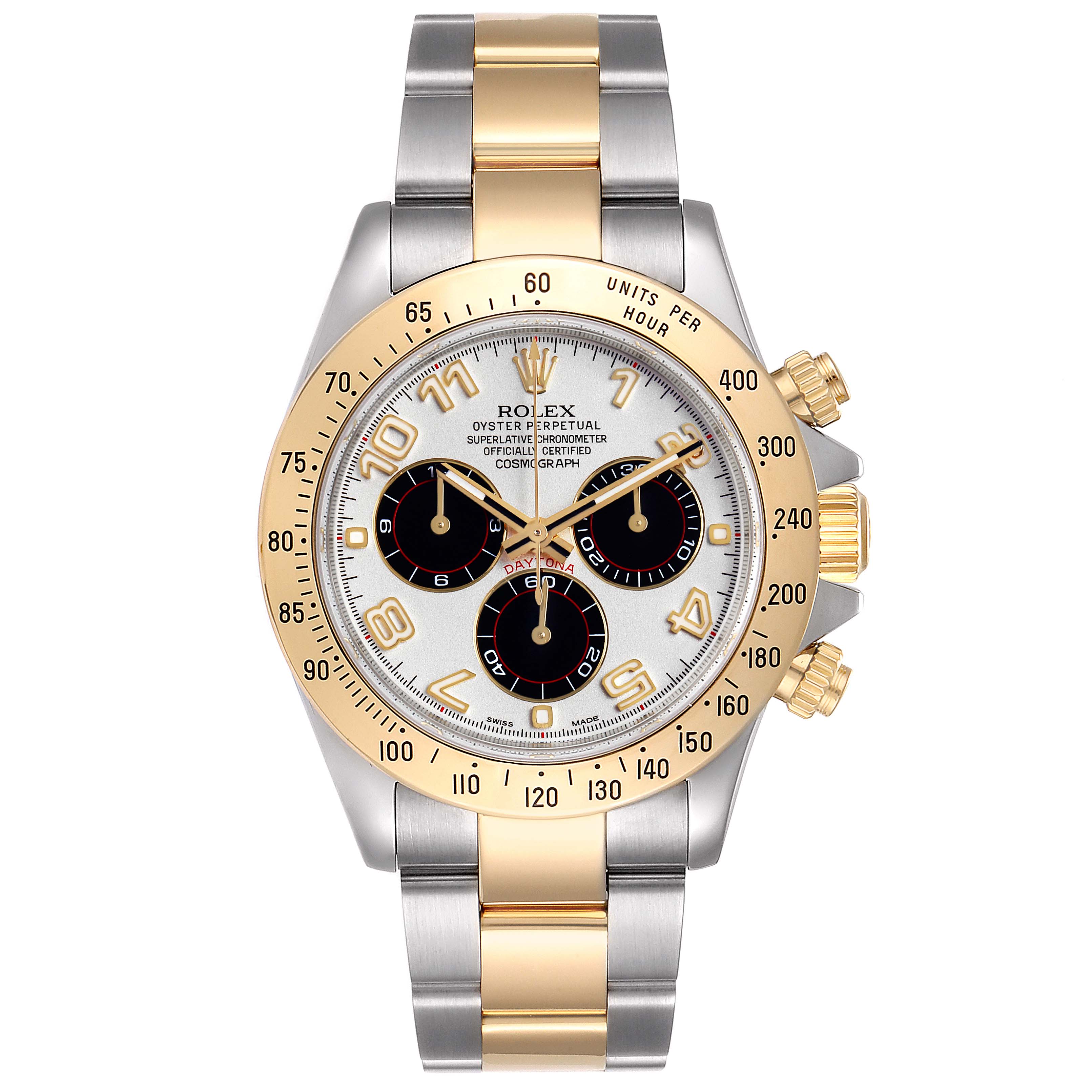 This image shows a front view of the Rolex Daytona 116523 Men's Steel and Gold (two tone) Silver Dial 116523 Men's Steel and Gold (two tone) Silver Dial watch, highlighting its dial, bezel, and two-tone bracelet.