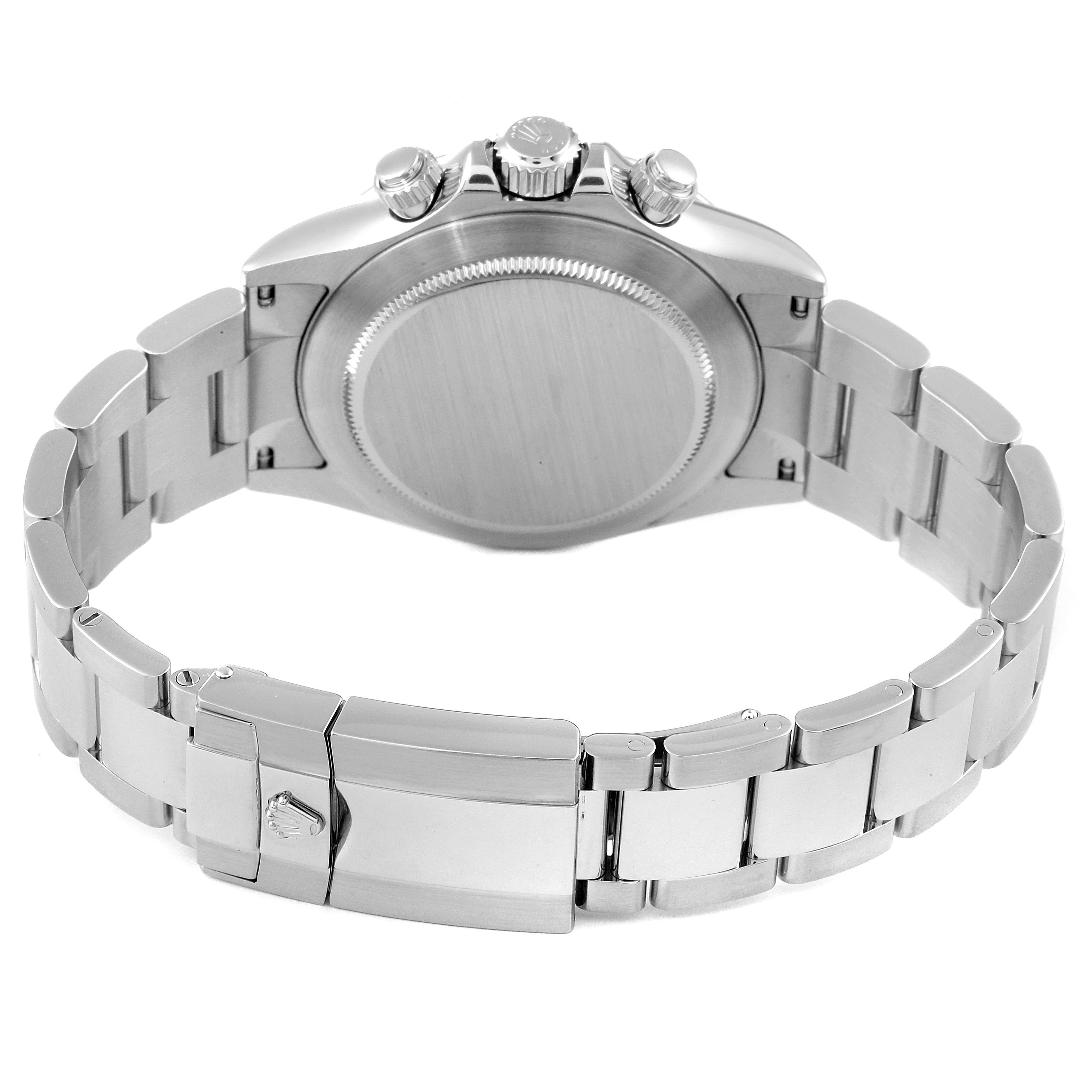 This image shows the backside view of a Rolex Daytona 116520 Men's Stainless Steel White Dial 116520 Men's Stainless Steel White Dial watch, highlighting its clasp, bracelet, and caseback.