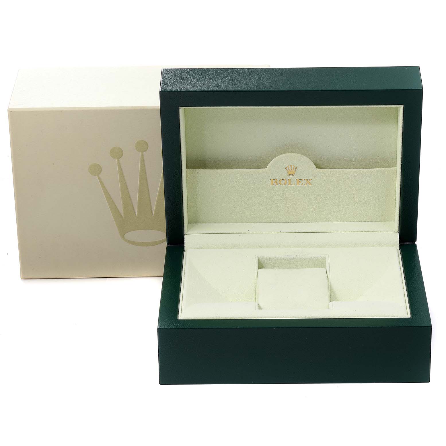 The image shows an open Rolex Daytona 116520 Men's Stainless Steel White Dial 116520 Men's Stainless Steel White Dial watch box with a beige interior and a green exterior.