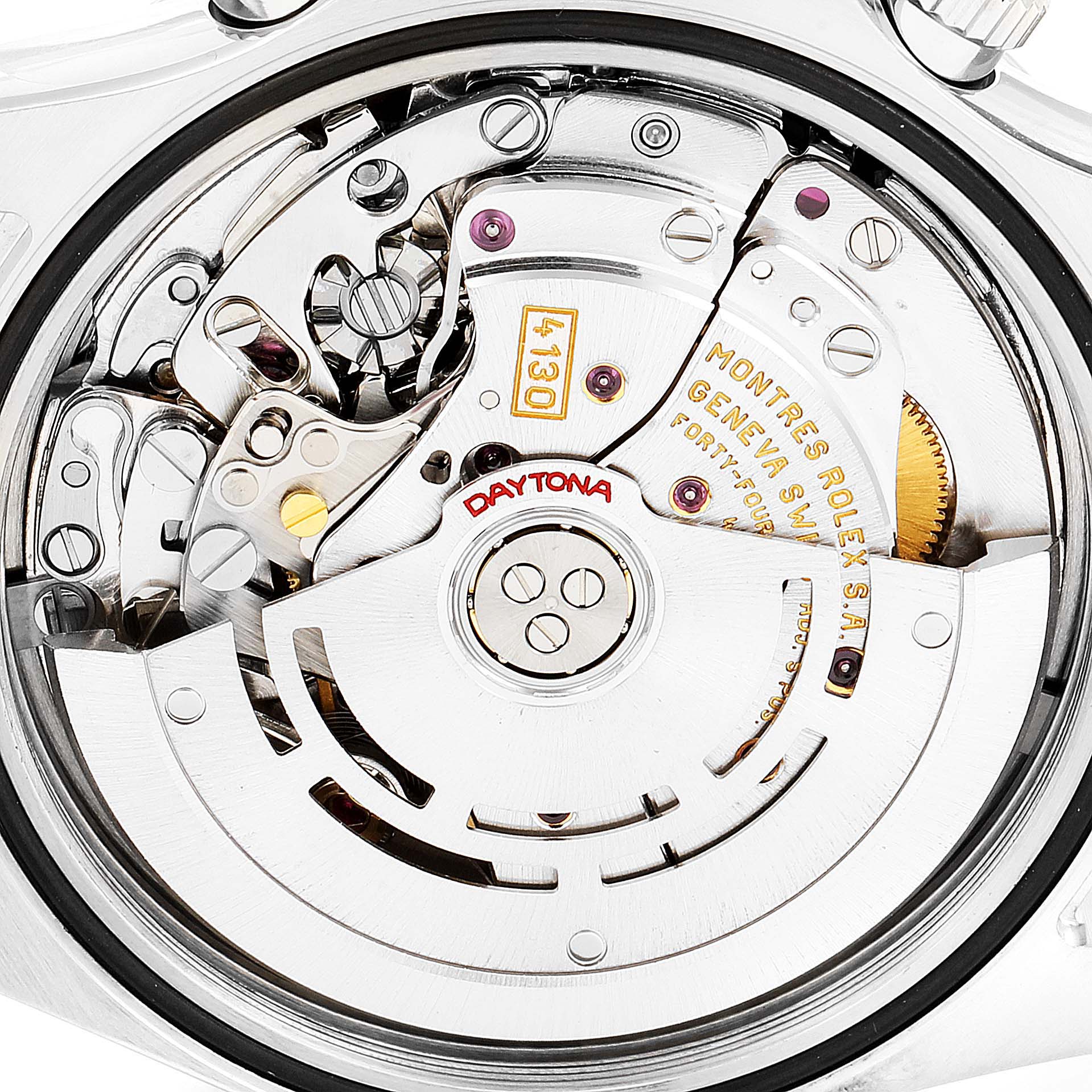 This image shows the movement and intricate internal mechanisms of a Rolex Daytona 116520 Men's Stainless Steel White Dial 116520 Men's Stainless Steel White Dial watch.