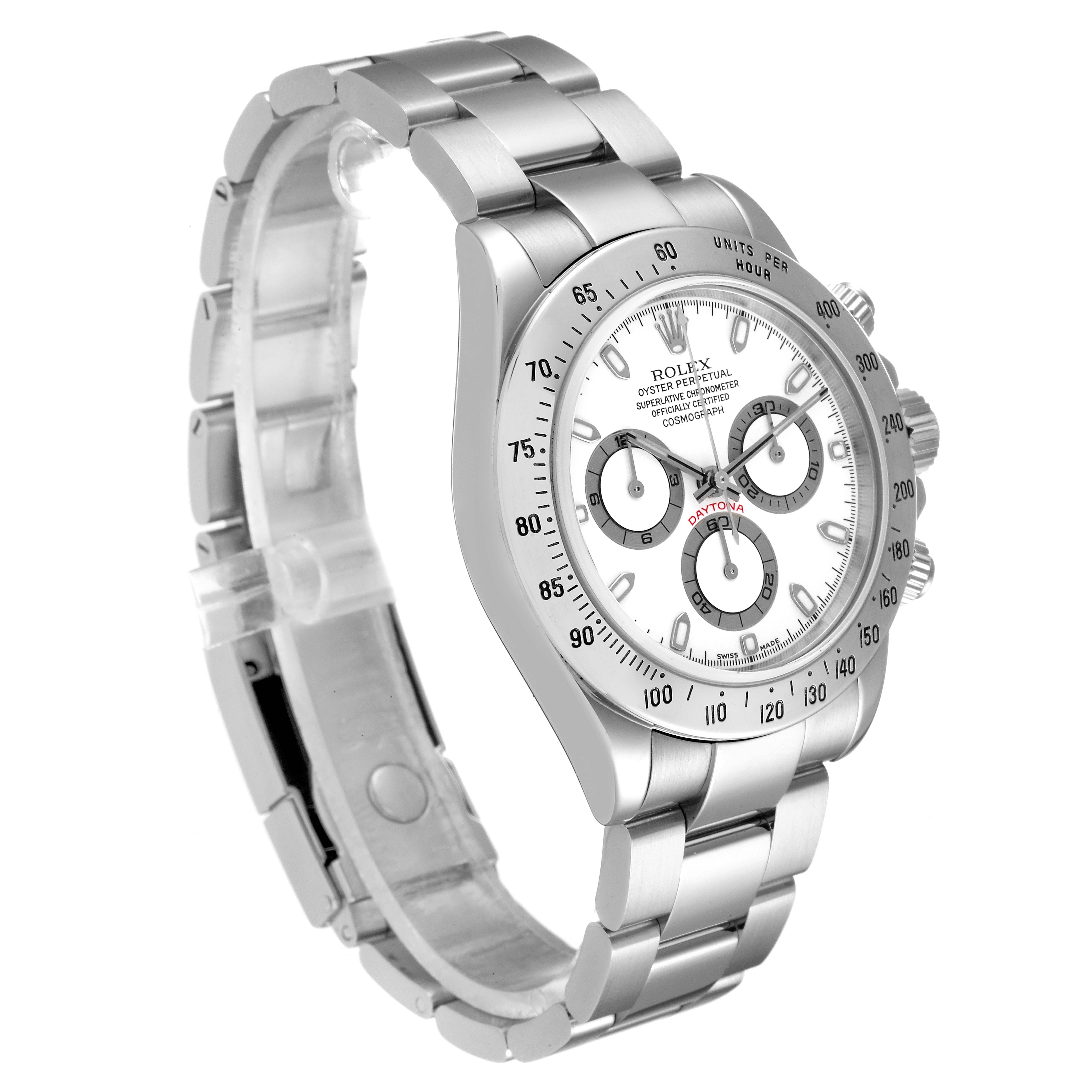 The image shows a side angle of the Rolex Daytona 116520 Men's Stainless Steel White Dial 116520 Men's Stainless Steel White Dial watch, highlighting the bracelet, bezel, and chronograph sub-dials.