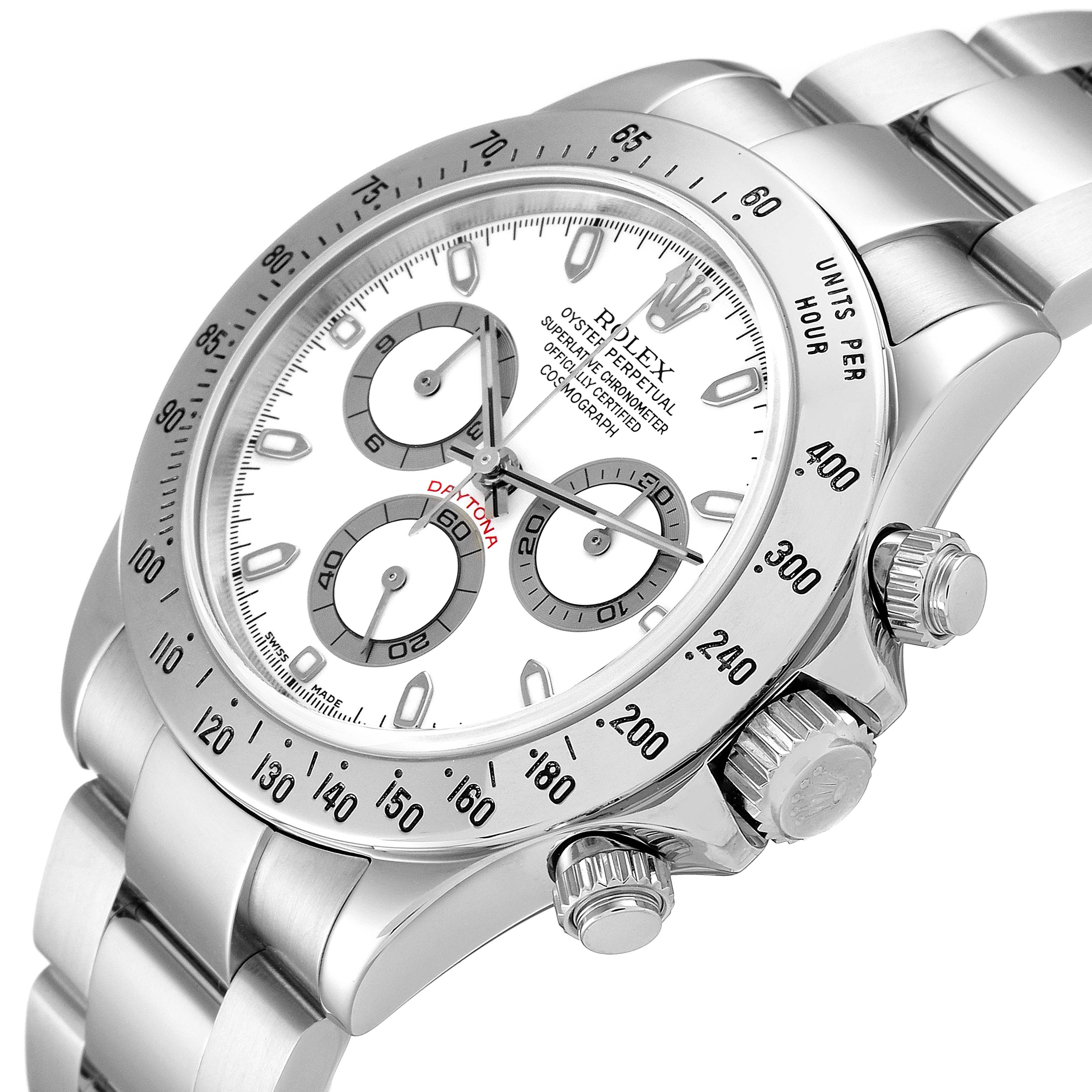 This image shows a close-up angle of the Rolex Daytona 116520 Men's Stainless Steel White Dial 116520 Men's Stainless Steel White Dial watch, highlighting the bezel, crown, and subdials.