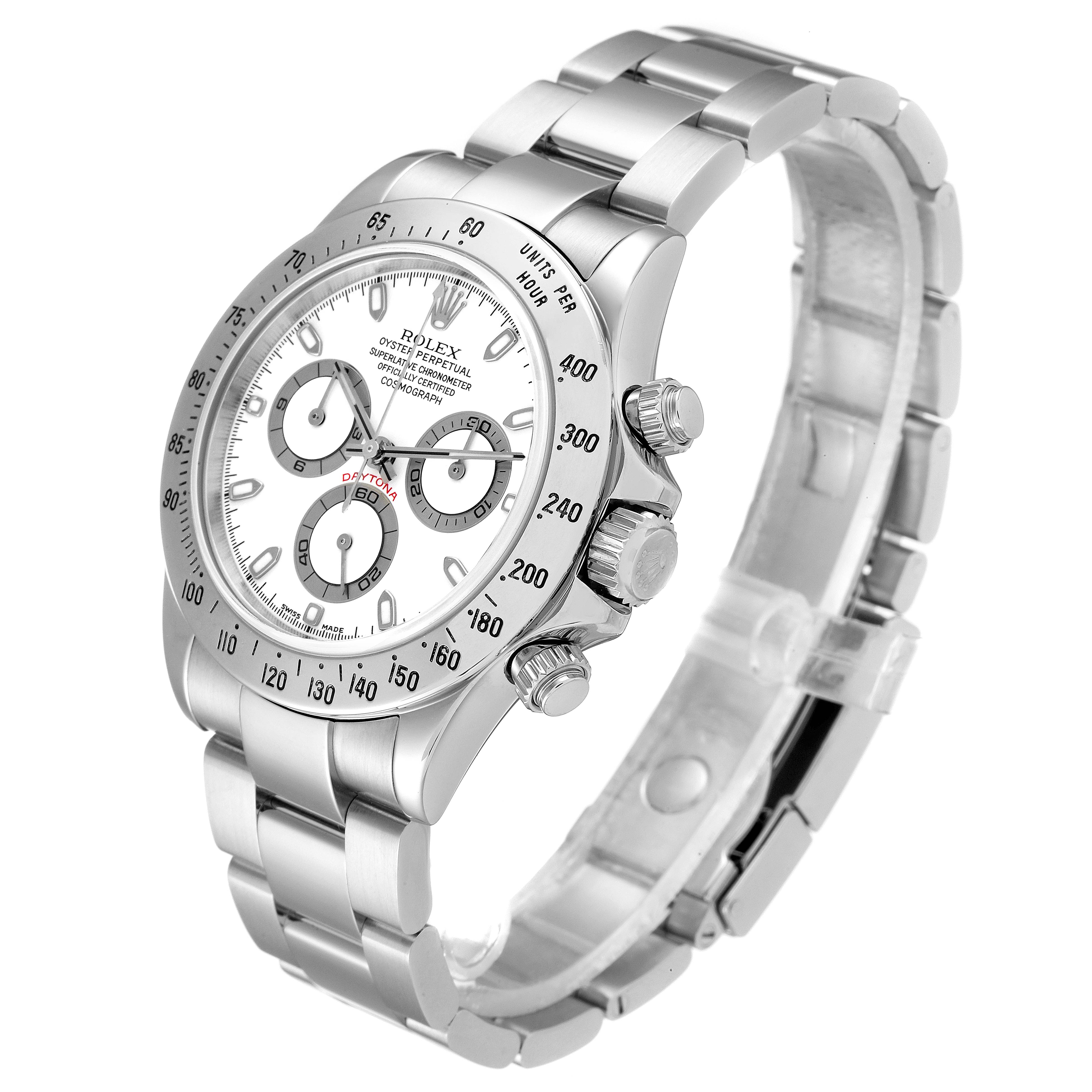 The image shows a side-angle view of a Rolex Daytona 116520 Men's Stainless Steel White Dial 116520 Men's Stainless Steel White Dial watch, highlighting the dial, bezel, and stainless steel bracelet.