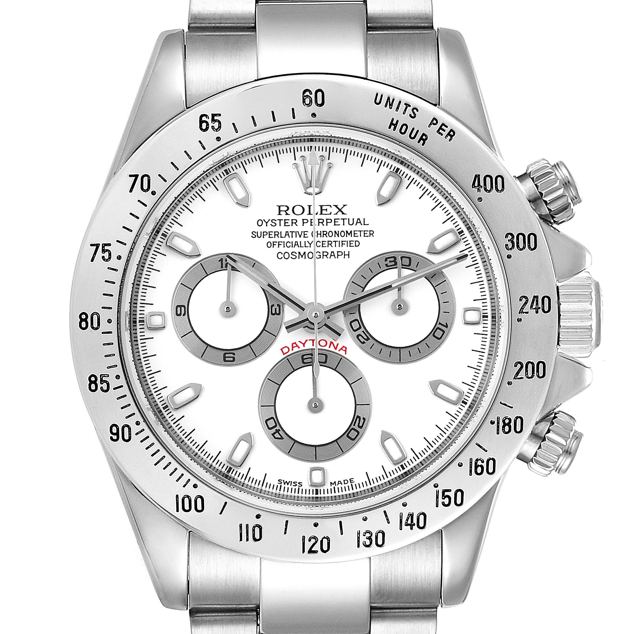The image shows a front view of the Rolex Daytona 116520 Men's Stainless Steel White Dial 116520 Men's Stainless Steel White Dial watch, highlighting its dial, chronograph sub-dials, bezel, and bracelet.