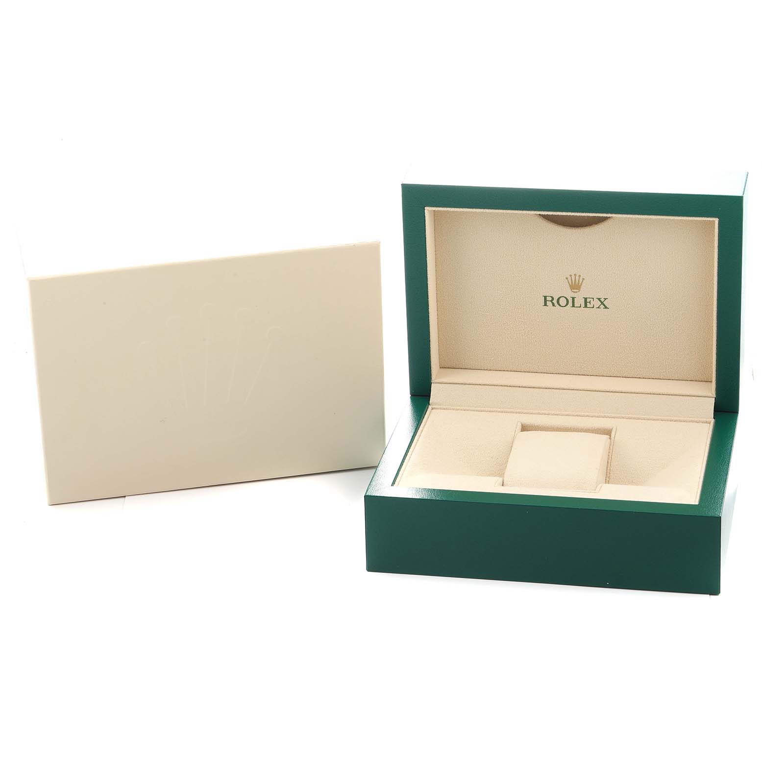 This image shows an open Rolex Daytona 116523 Men
s Steel and Gold (two tone) Black Dial watch box with a cushioned interior and a separate lid placed beside it.