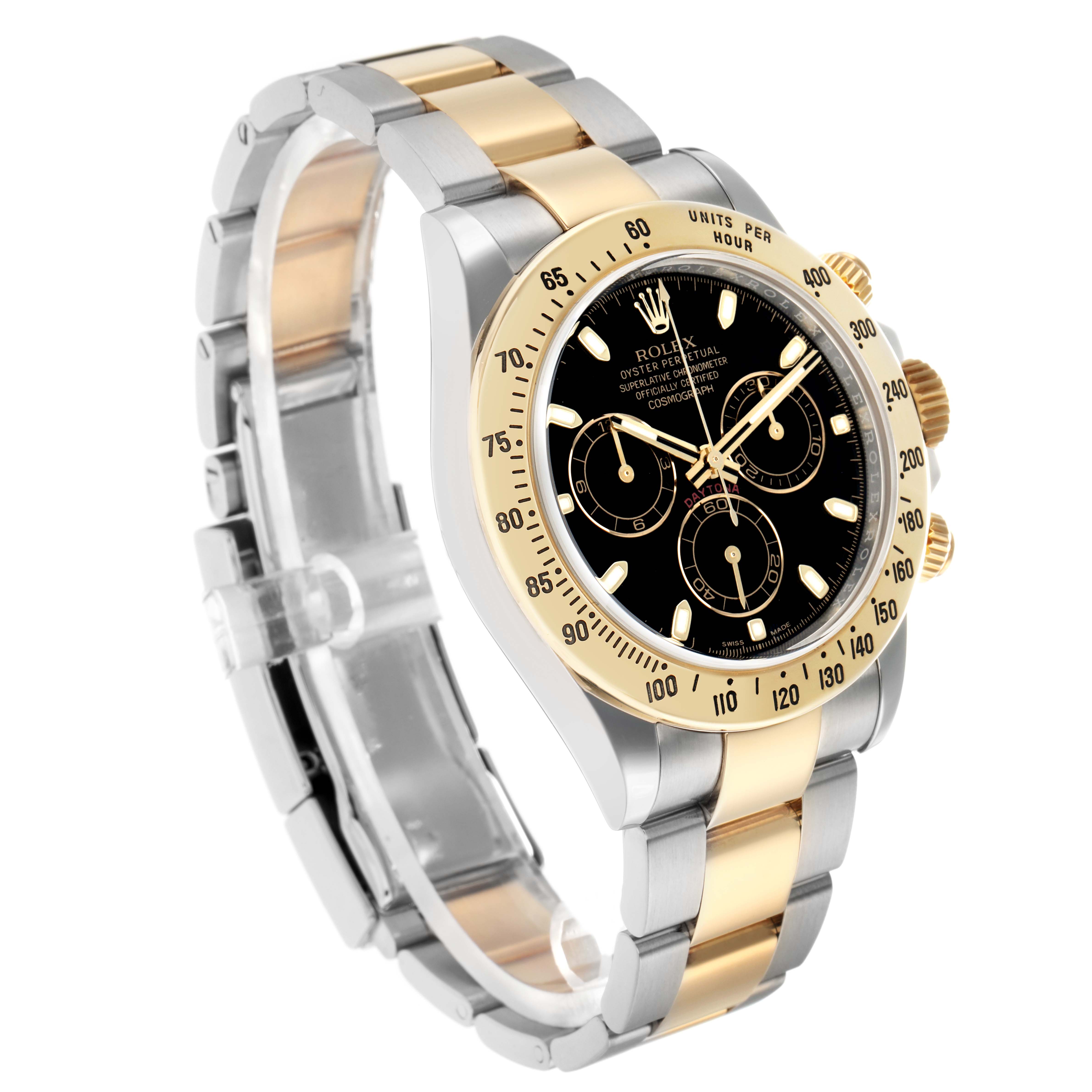 The Rolex Daytona 116523 Men
s Steel and Gold (two tone) Black Dial is shown at a three-quarter angle, highlighting its two-tone bracelet and black dial with chronograph subdials.