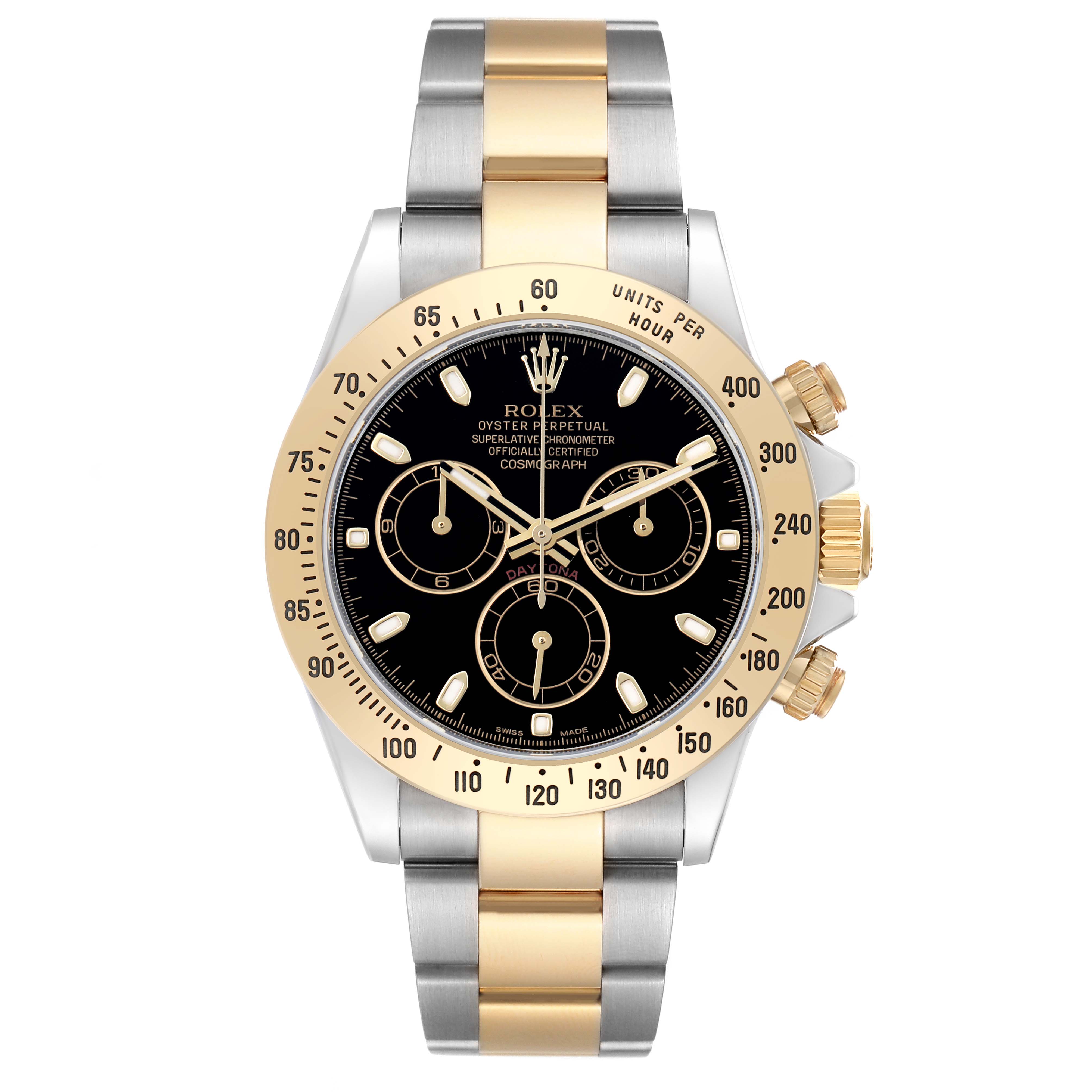 The Rolex Daytona 116523 Men
s Steel and Gold (two tone) Black Dial watch is shown from the front, displaying its bezel, dial, subdials, crown, and two-tone bracelet.