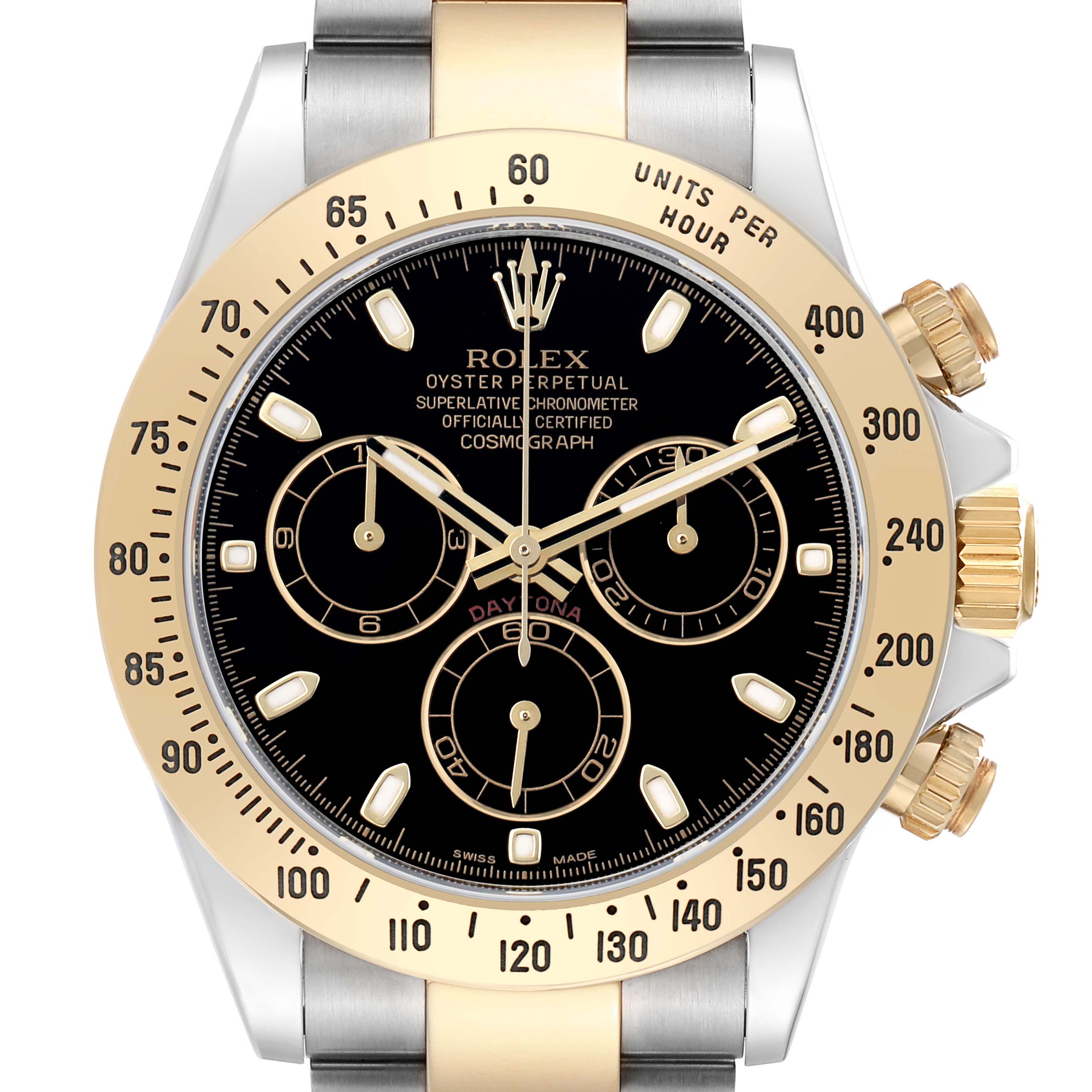 The image shows a close-up frontal view of a Rolex Daytona 116523 Men
s Steel and Gold (two tone) Black Dial watch, highlighting the bezel, dial, and chronograph sub-dials.