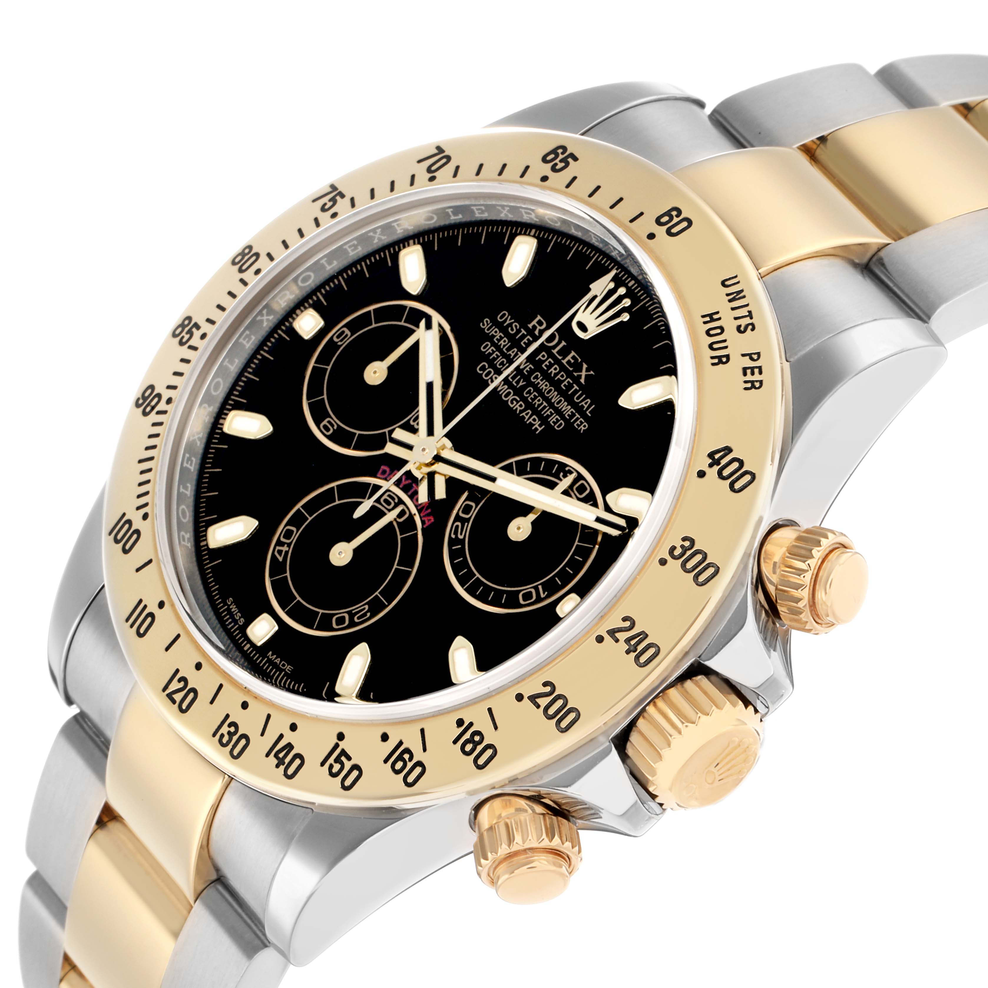 The Rolex Daytona 116523 Men
s Steel and Gold (two tone) Black Dial watch is shown at a slight angle highlighting its bezel, crown, pushers, and bracelet.