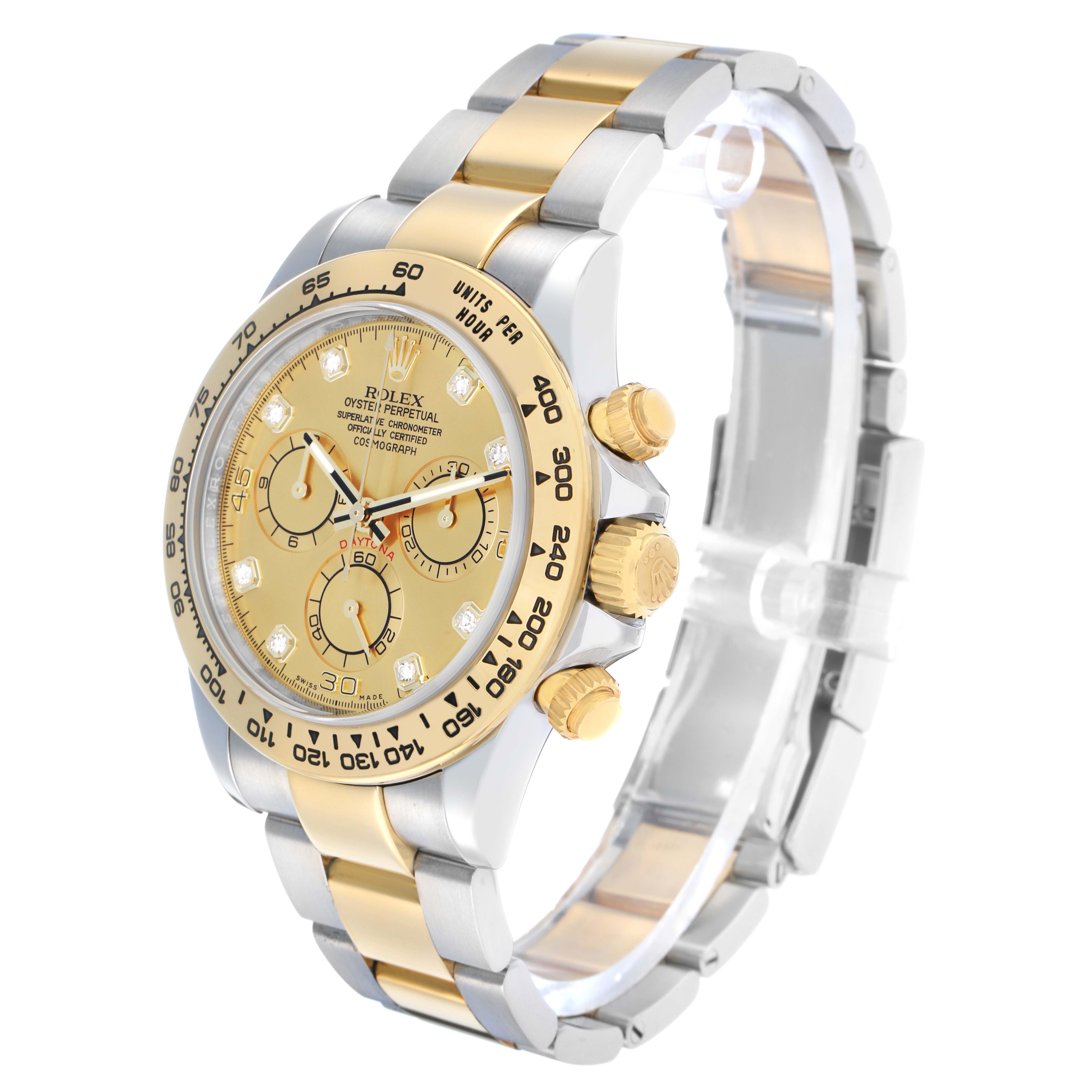 The Rolex Daytona 116503 Men
s Steel and Gold (two tone) Champagne Dial watch is shown at a three-quarter angle, highlighting the face, bezel, crown, and bracelet.