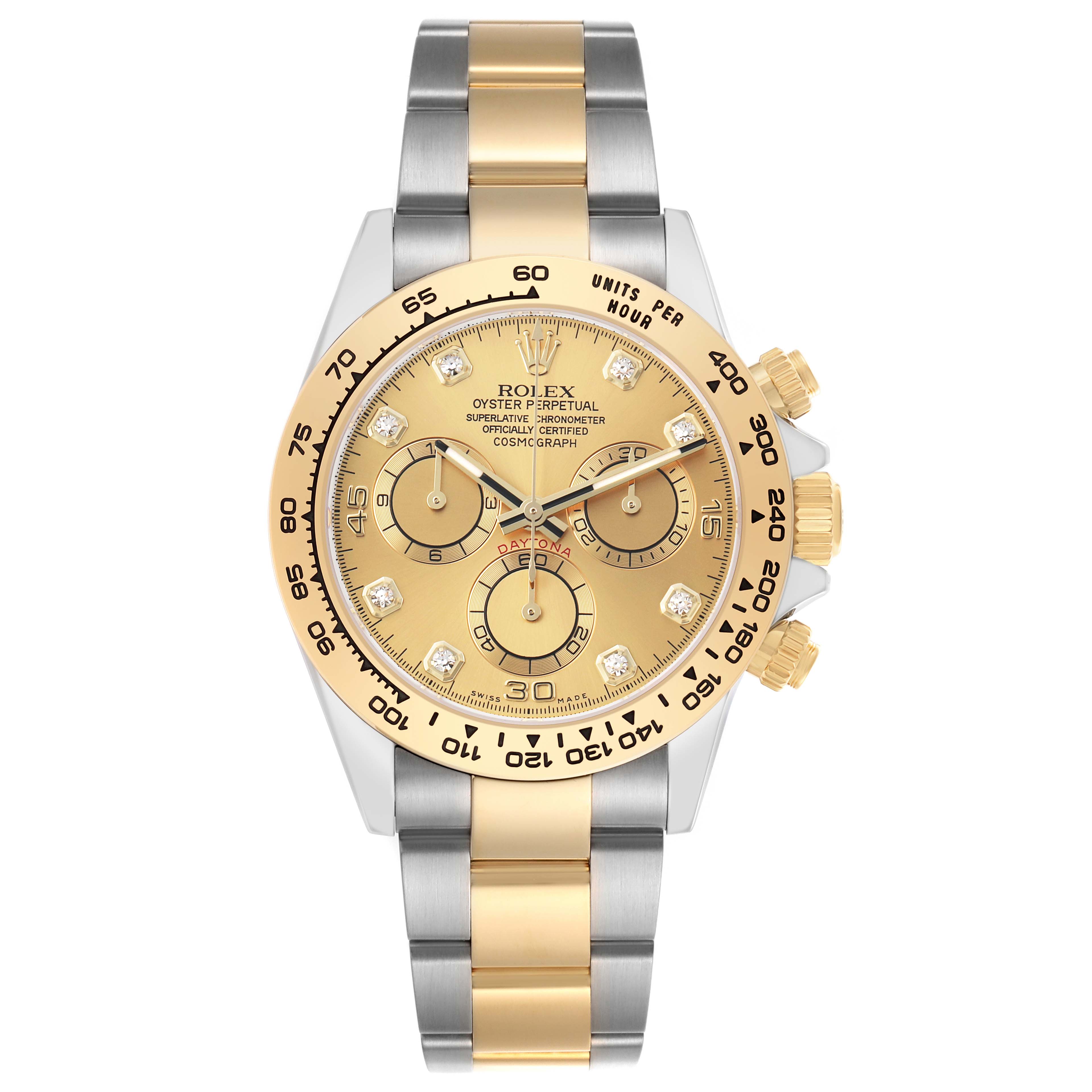 The Rolex Daytona 116503 Men
s Steel and Gold (two tone) Champagne Dial watch is shown from a front angle, featuring the bezel, dial, subdials, and two-tone bracelet.