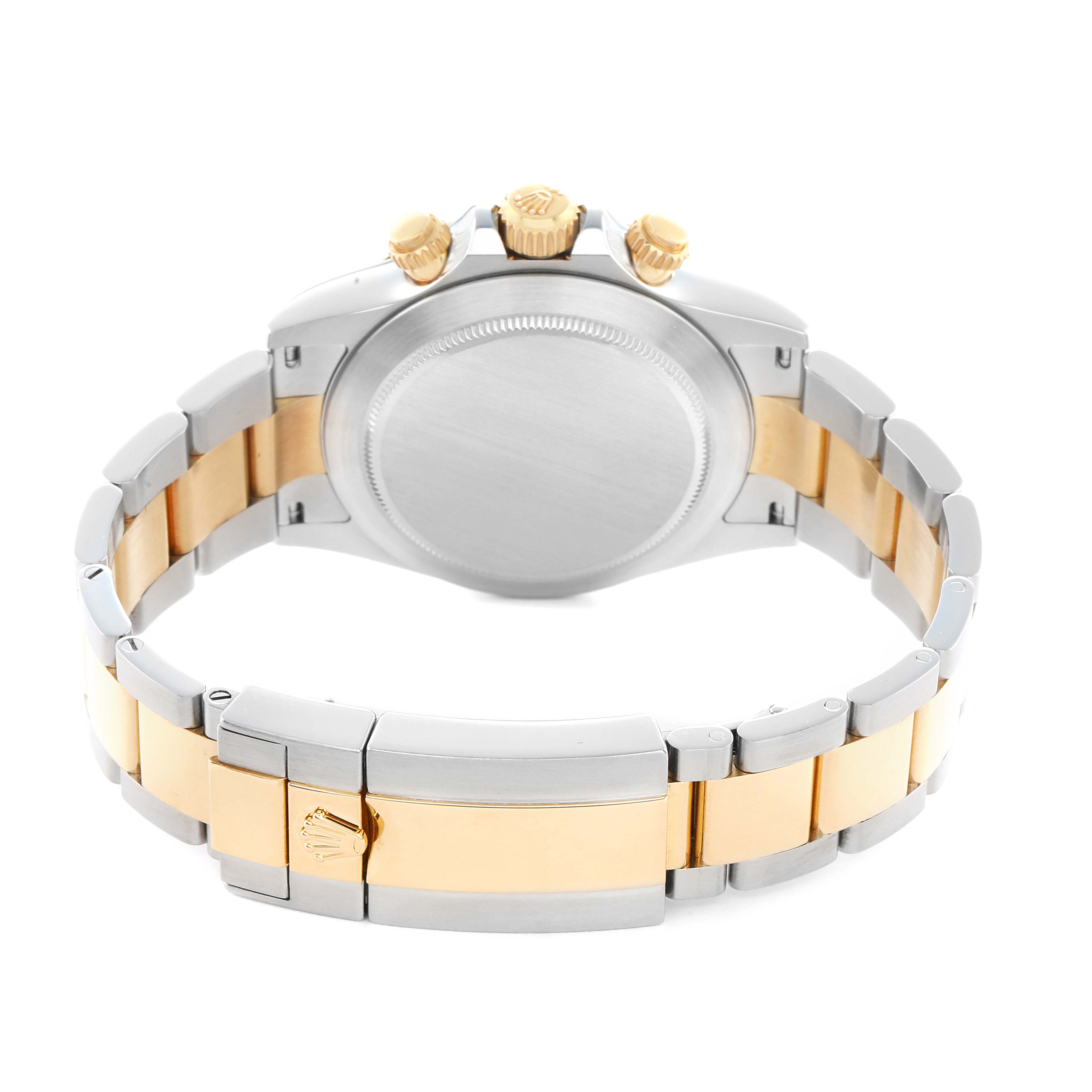 The image shows the back view of a Rolex Daytona 116503 Men
s Steel and Gold (two tone) Champagne Dial, highlighting the case back, bracelet, and clasp.