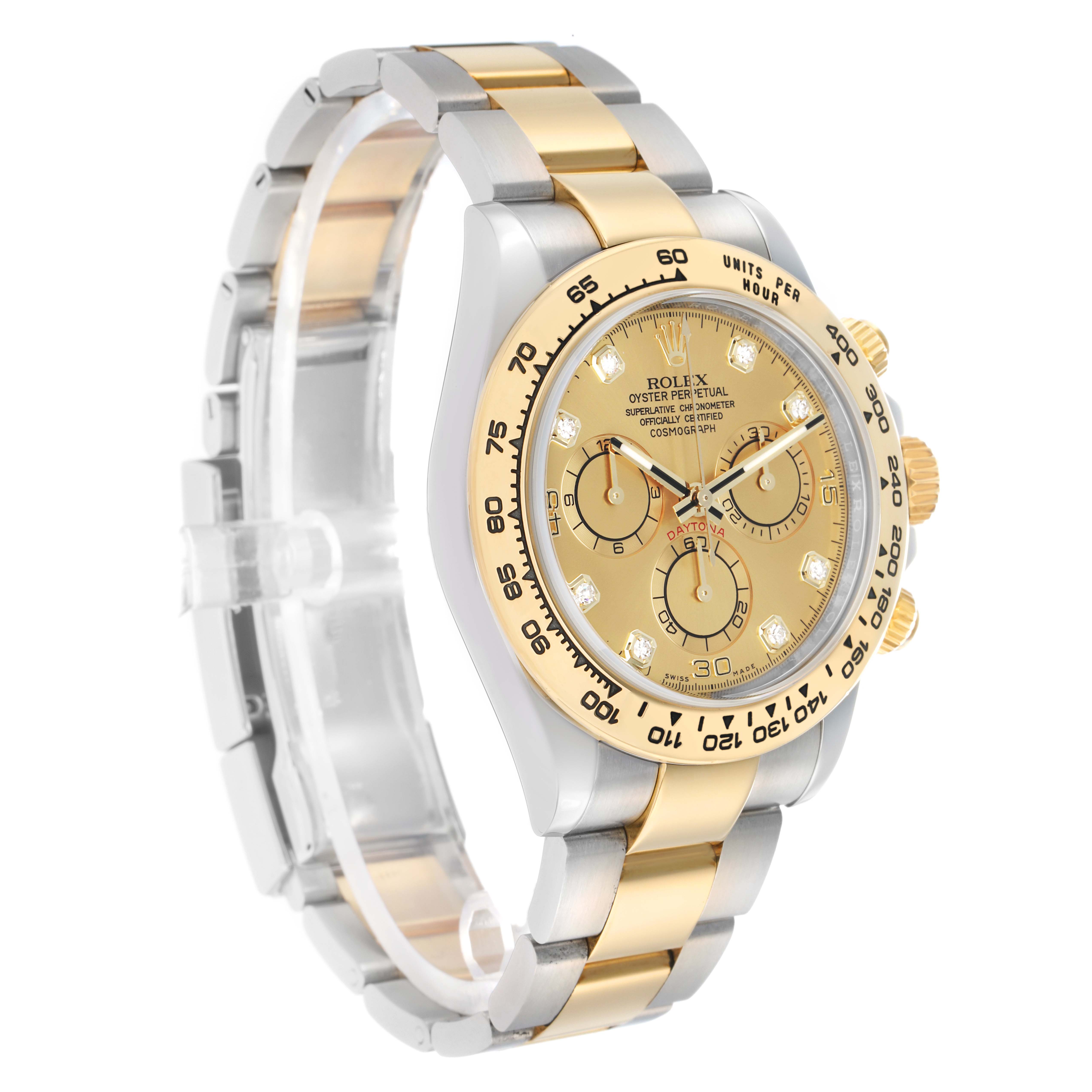 The image shows a Rolex Daytona 116503 Men
s Steel and Gold (two tone) Champagne Dial watch at a three-quarter angle, featuring its gold and silver band, bezel, and dial.