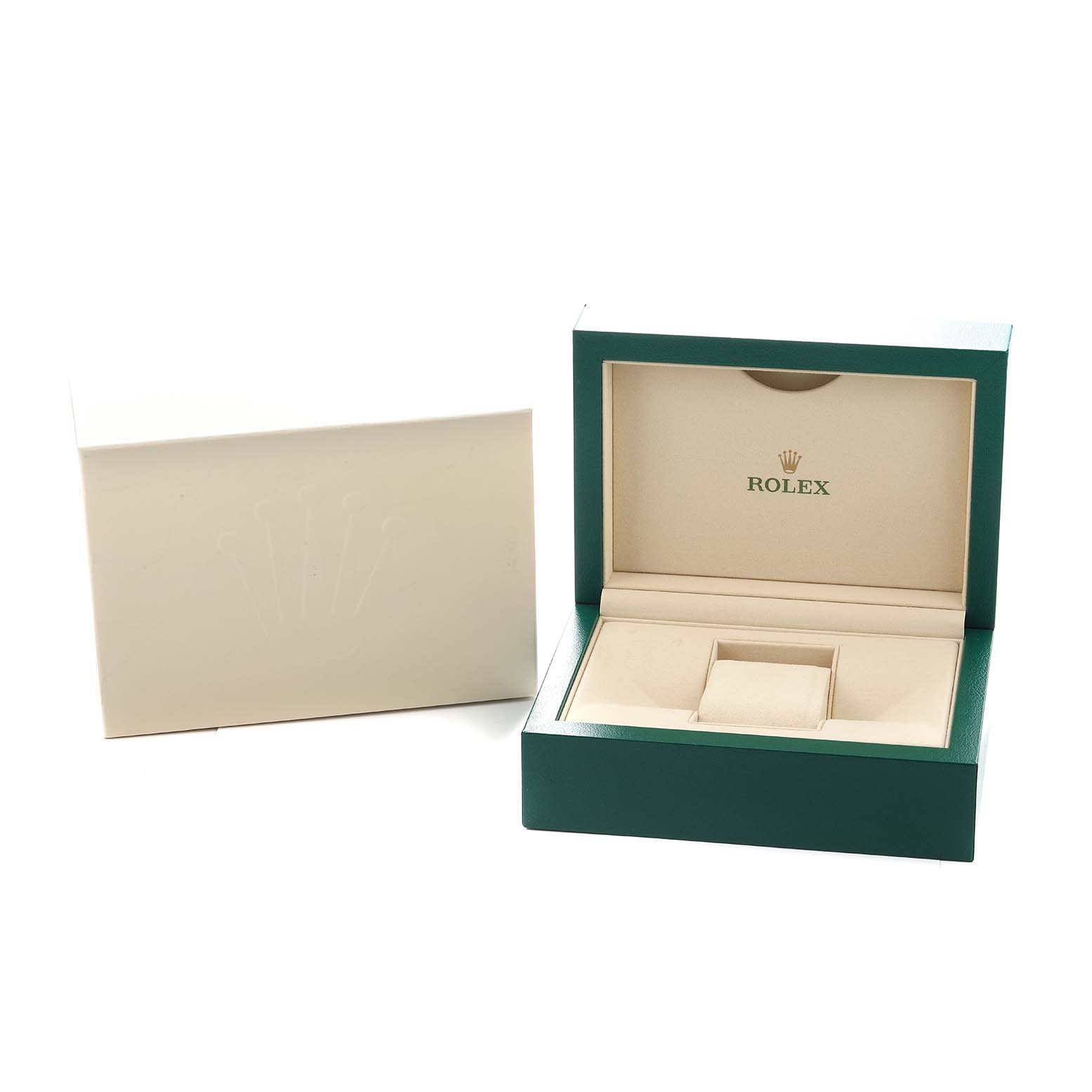 The image shows a Rolex Daytona 116503 Men
s Steel and Gold (two tone) Champagne Dial watch box, open with an empty beige interior and an outer sleeve beside it.