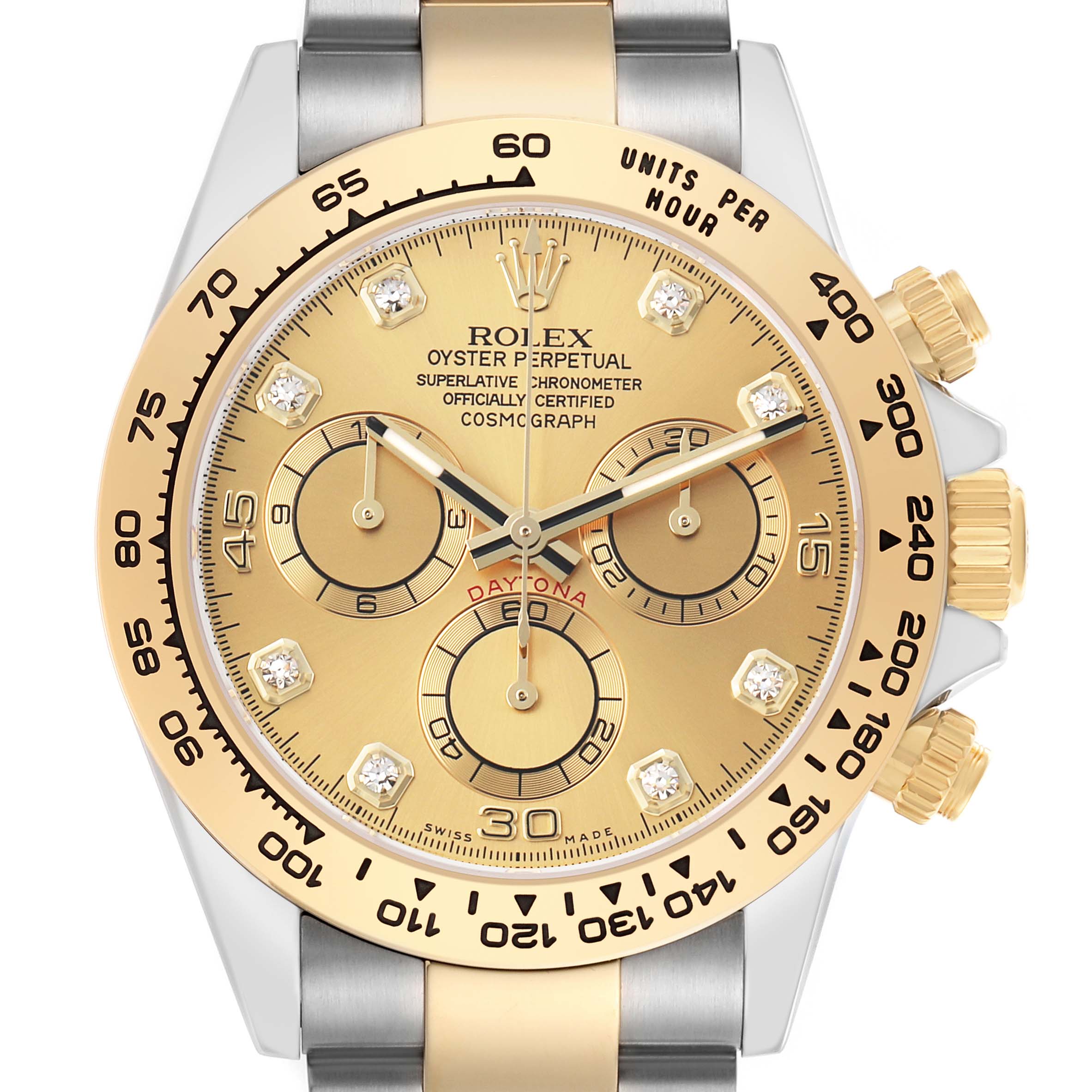 The Rolex Daytona 116503 Men
s Steel and Gold (two tone) Champagne Dial watch is shown from the front, displaying the dial, subdials, bezel, and pushers.
