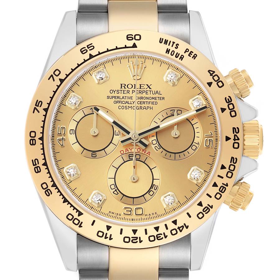 The Rolex Daytona 116503 Men's Steel and Gold (two tone) Champagne Dial watch is shown from the front, displaying the dial, subdials, bezel, and pushers.