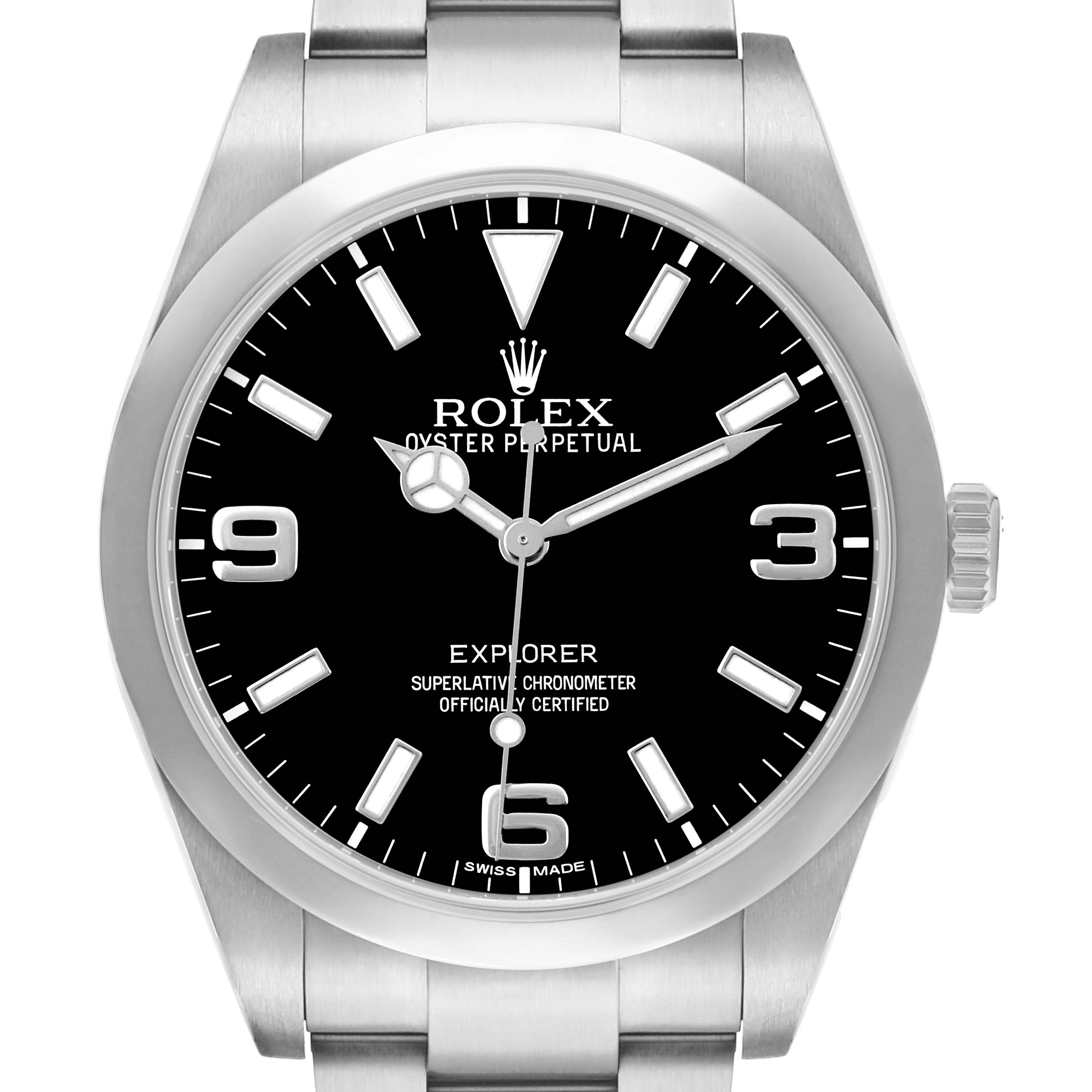 The Rolex Explorer 214270 Men
s Stainless Steel Black Dial watch is shown from a front angle, displaying the dial, hands, bezel, and part of the bracelet.