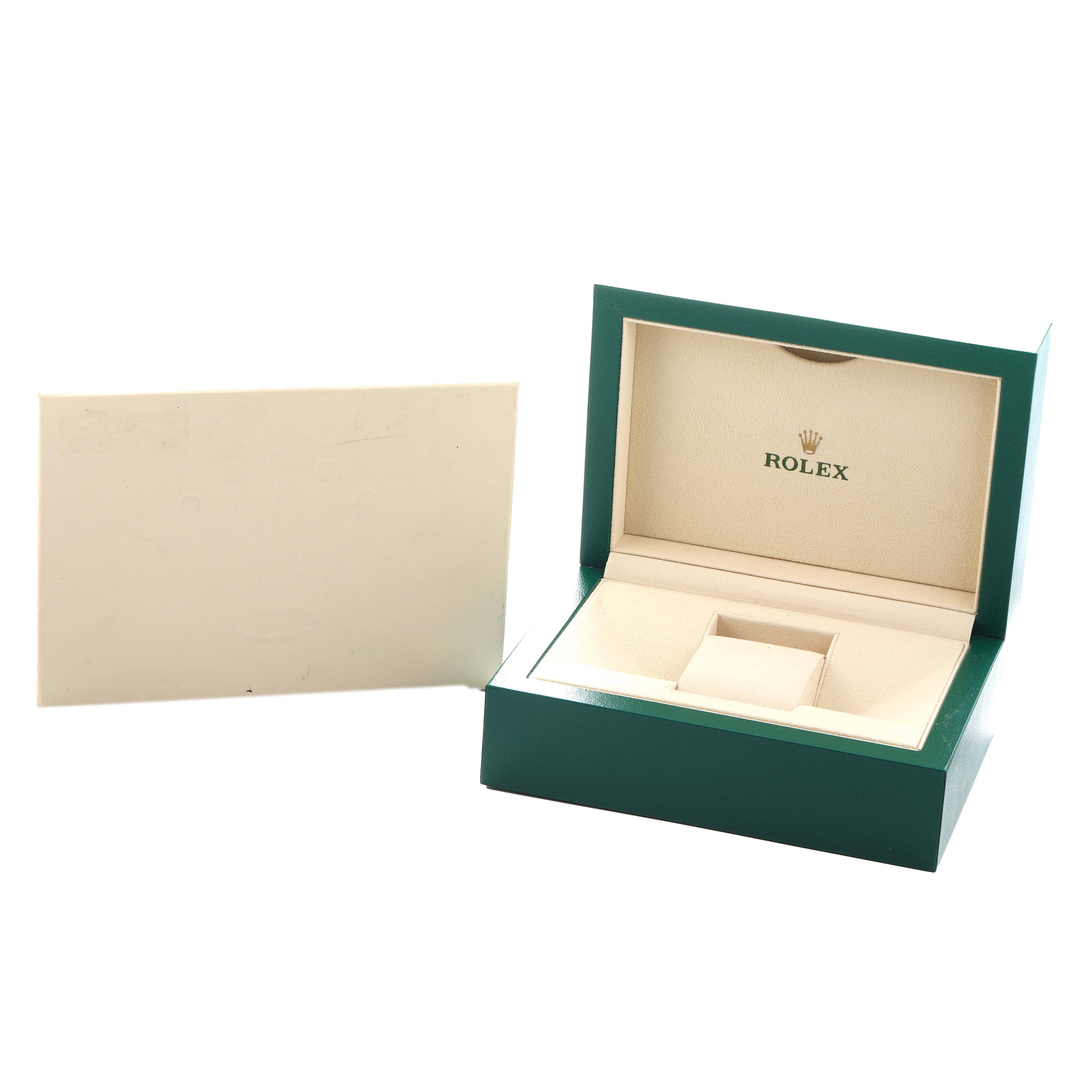 The image shows an open Rolex Explorer 214270 Men
s Stainless Steel Black Dial box at an angle, displaying the inside of the case and the outer packaging.