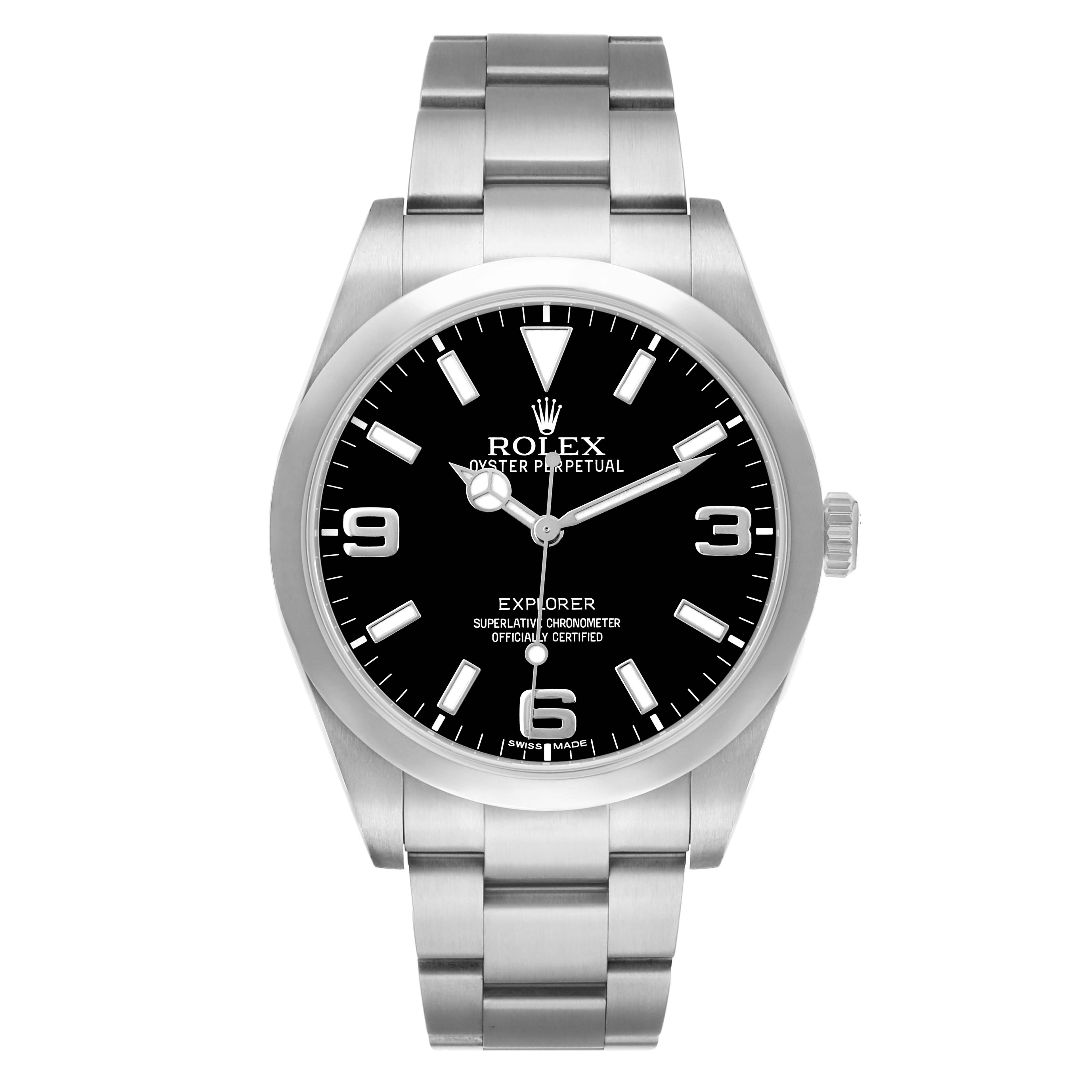 The image shows a frontal view of the Rolex Explorer 214270 Men
s Stainless Steel Black Dial, featuring its dial, bezel, bracelet, and crown.