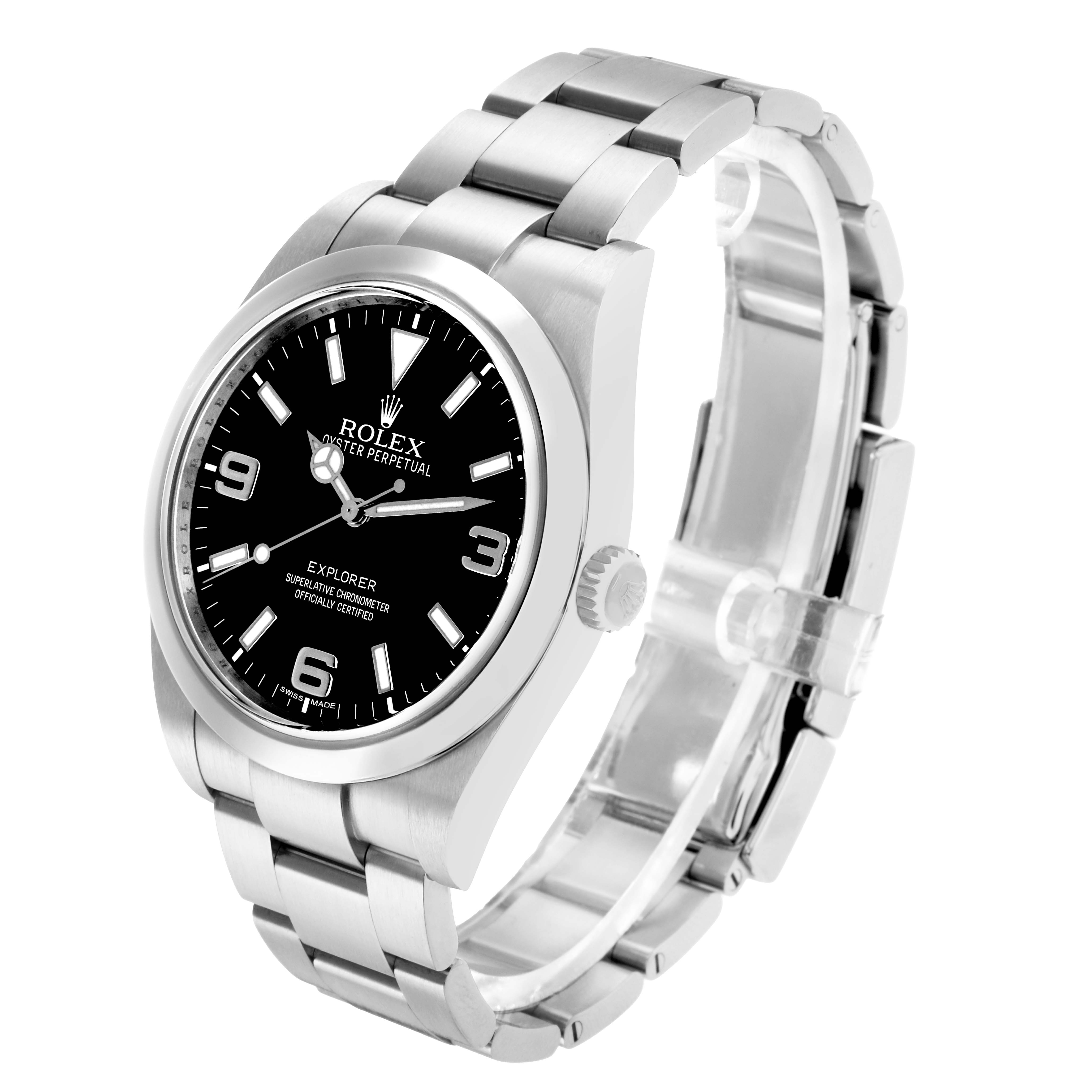 The Rolex Explorer 214270 Men
s Stainless Steel Black Dial is shown at a three-quarter angle, displaying the face, bezel, crown, and full bracelet.