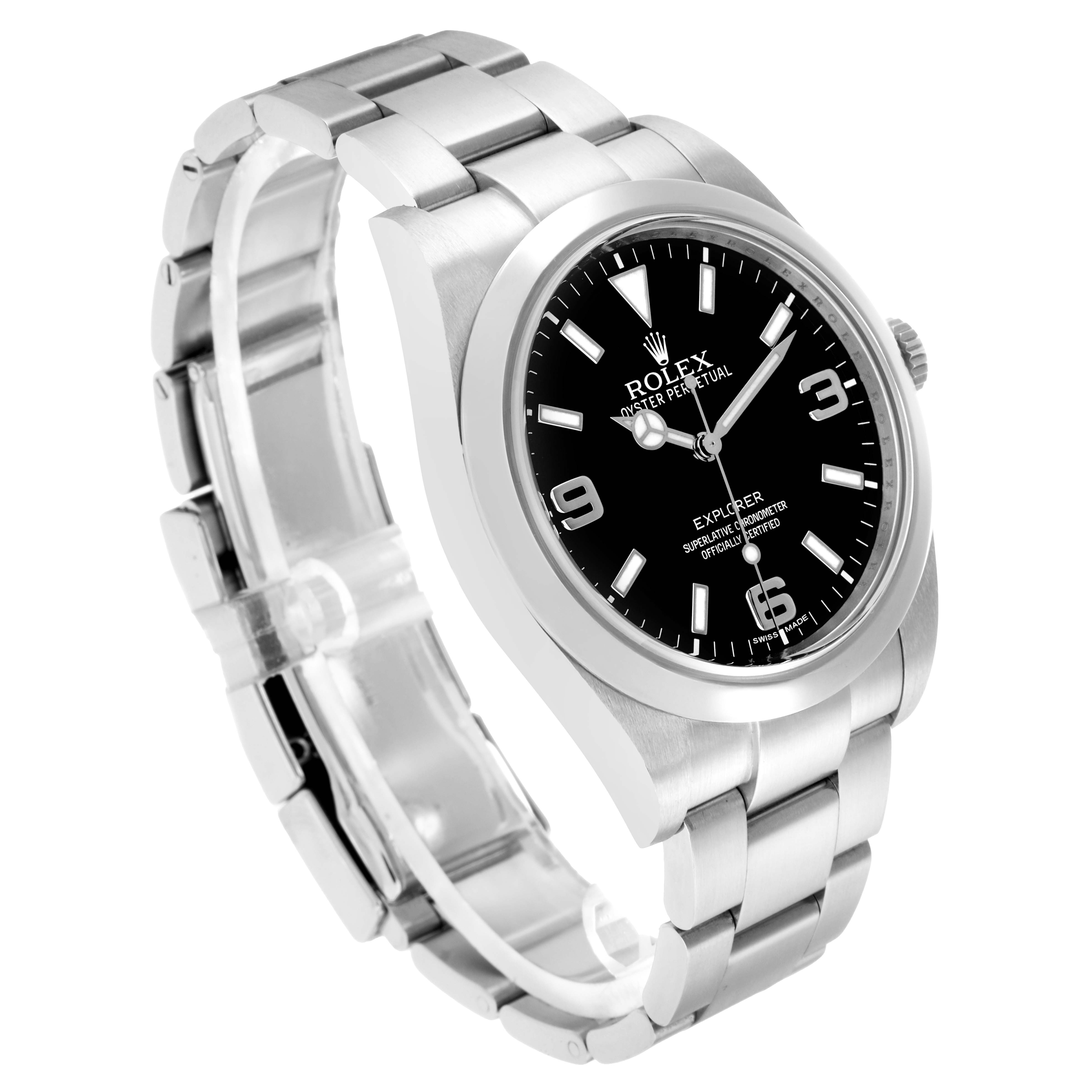 The Rolex Explorer 214270 Men
s Stainless Steel Black Dial watch is shown from a three-quarter angle, highlighting the face, bezel, and bracelet.