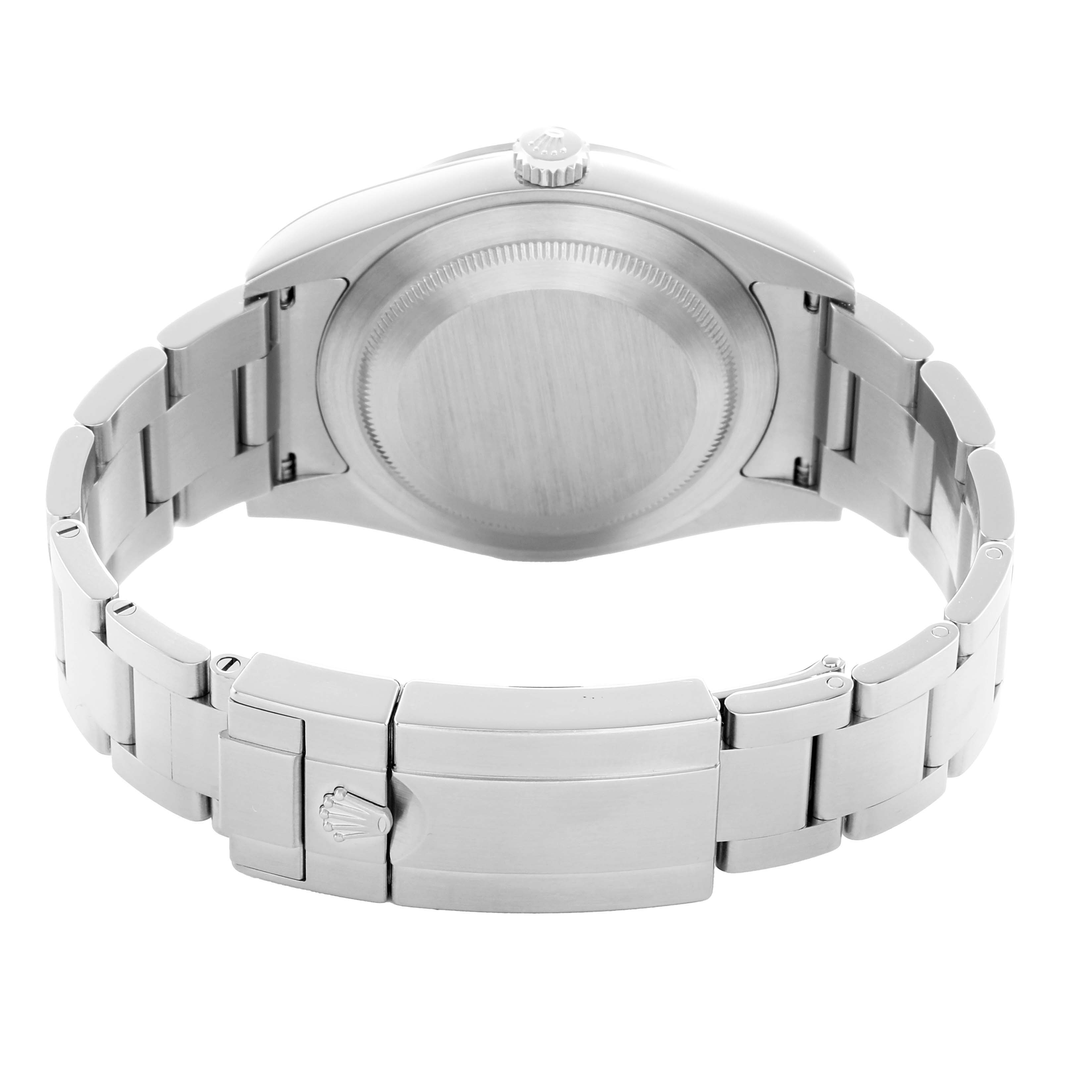 The image shows the back of the Rolex Explorer 214270 Men
s Stainless Steel Black Dial watch, highlighting its clasp and bracelet.