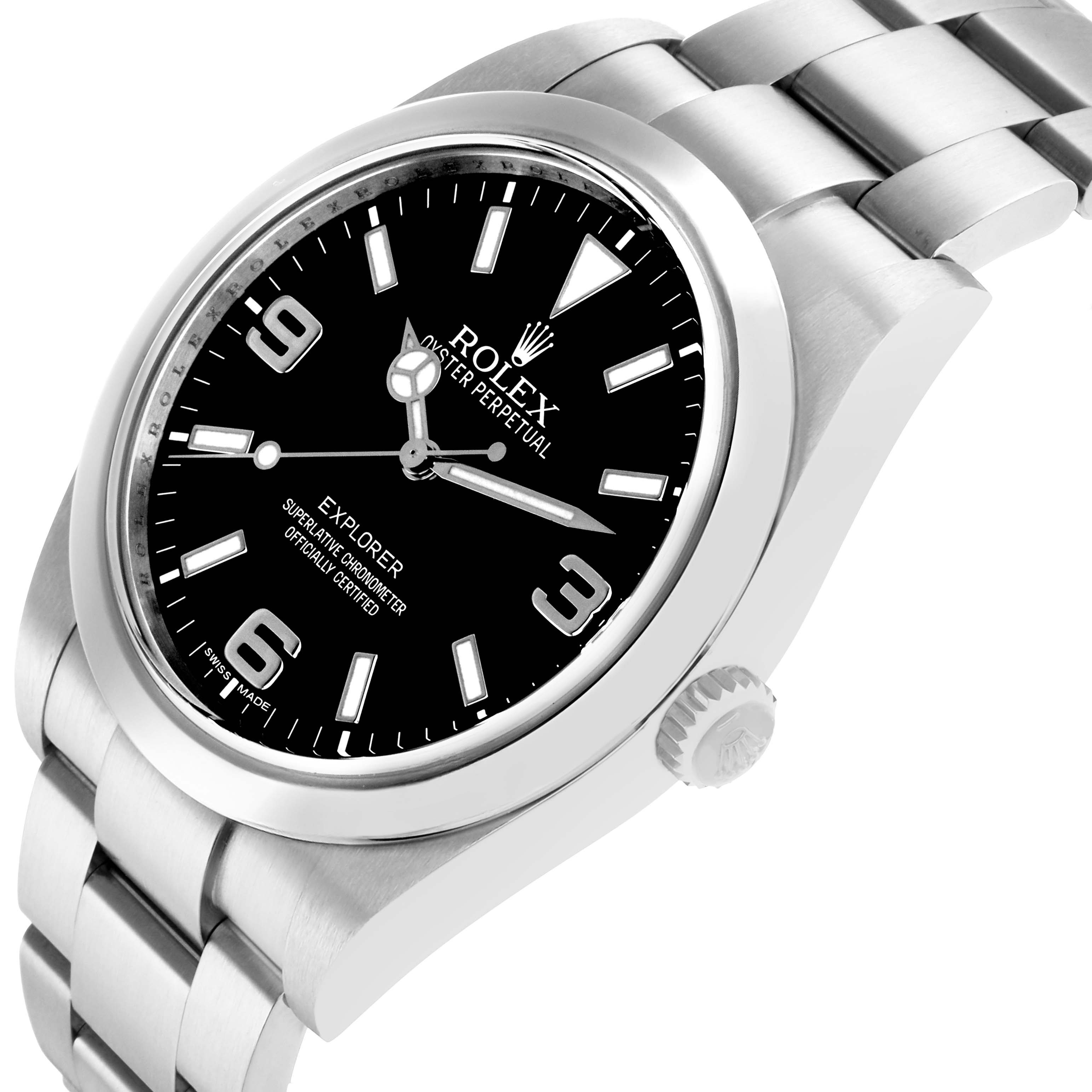 The Rolex Explorer 214270 Men
s Stainless Steel Black Dial watch is shown at a slight angled side view, displaying the dial, bezel, crown, and bracelet.