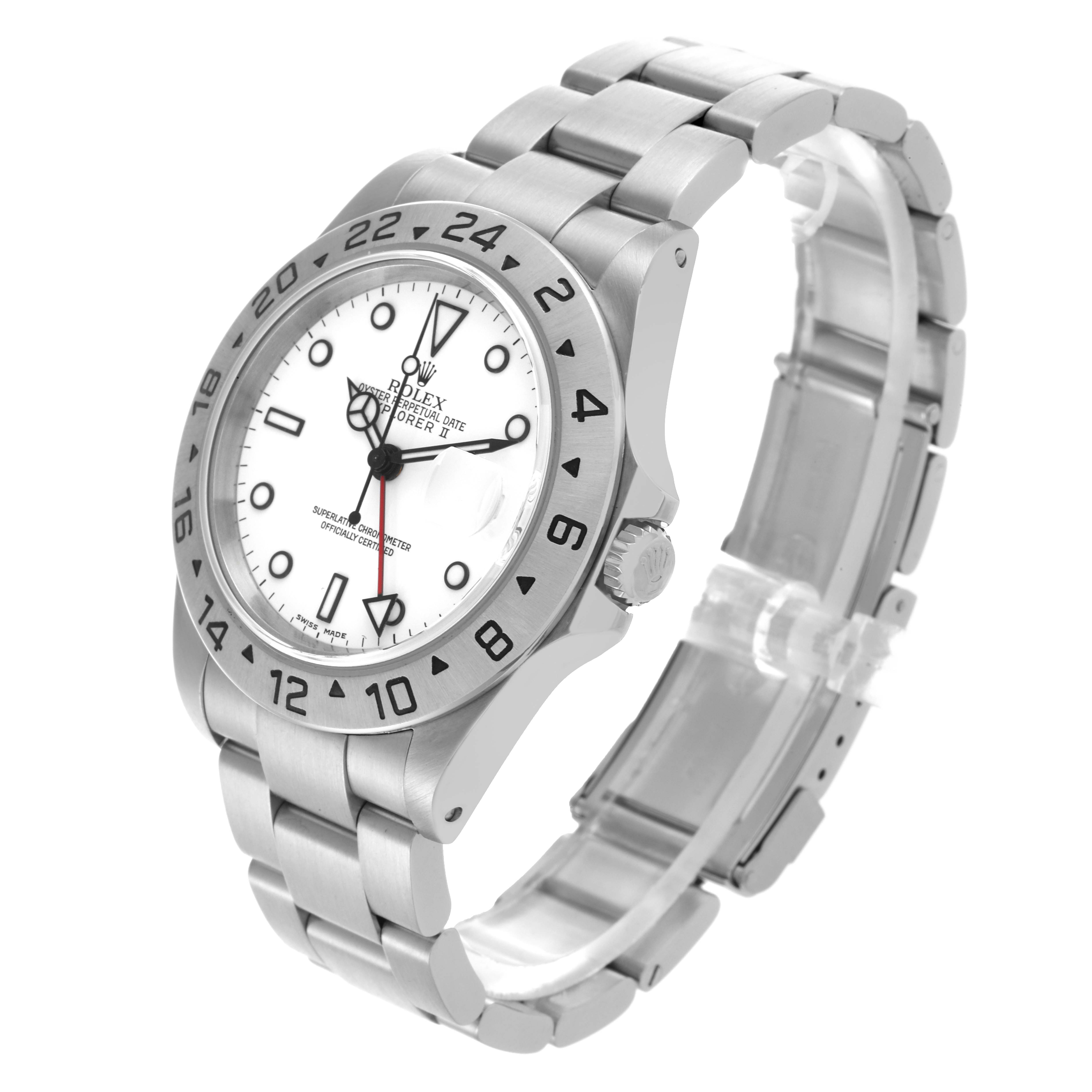 The Rolex Explorer 16570 Men's Stainless Steel White Dial 16570 Men's Stainless Steel White Dial model is shown at a three-quarter angle, displaying the face, bezel, crown, and bracelet.