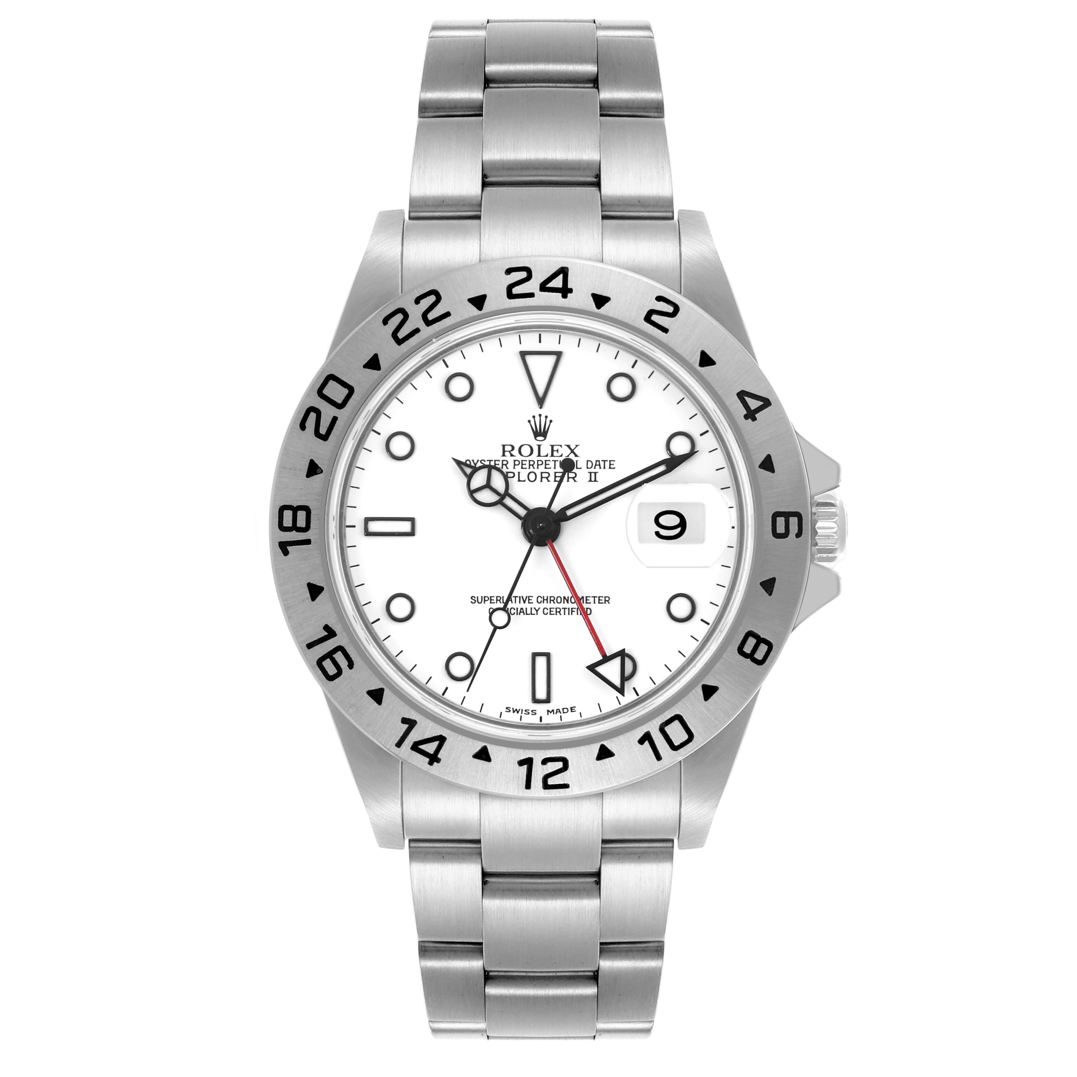 The Rolex Explorer 16570 Men's Stainless Steel White Dial 16570 Men's Stainless Steel White Dial watch is shown from a front angle, displaying the dial, bezel, and bracelet.