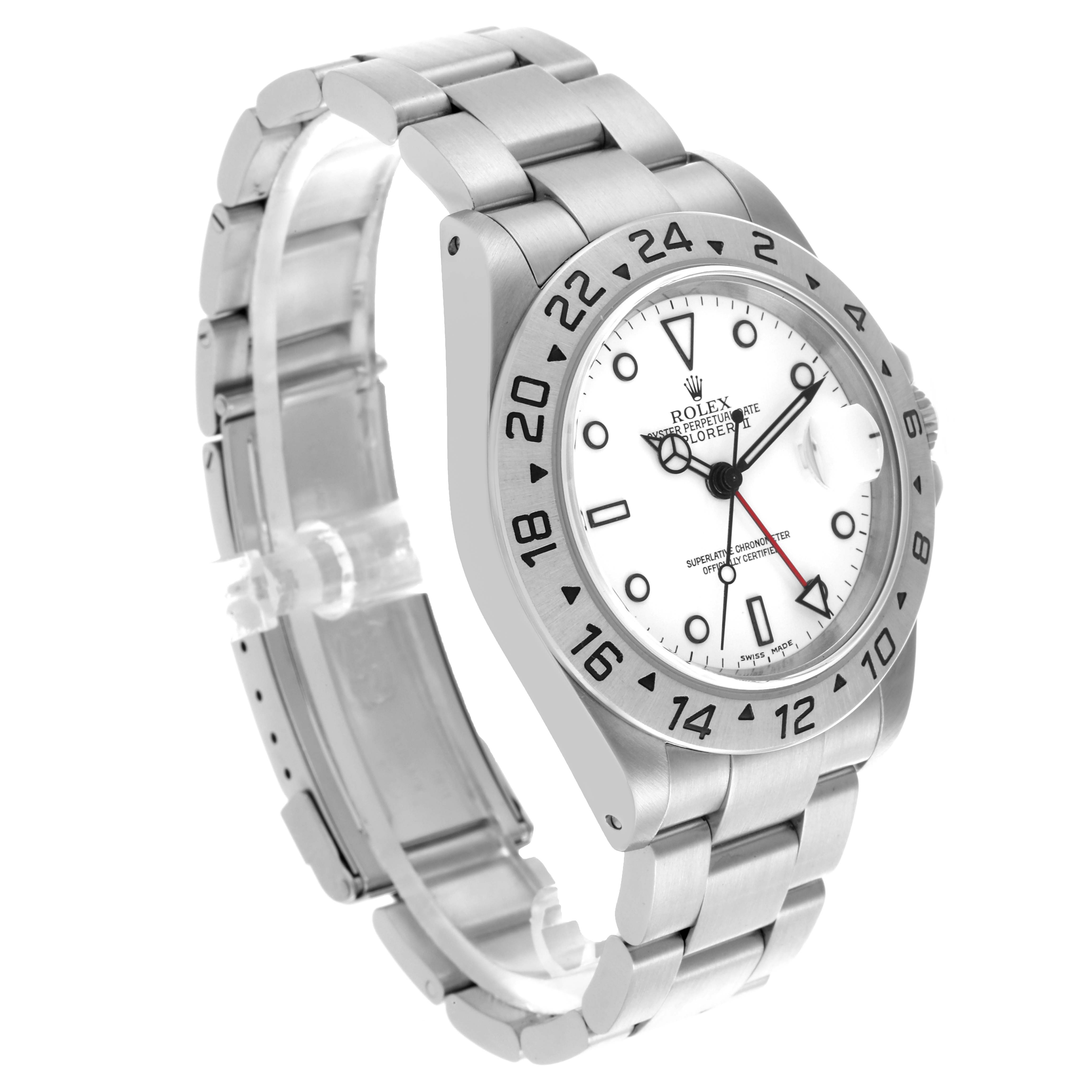 The Rolex Explorer 16570 Men's Stainless Steel White Dial 16570 Men's Stainless Steel White Dial model is shown at a three-quarter angle, highlighting the face, bezel, and bracelet.