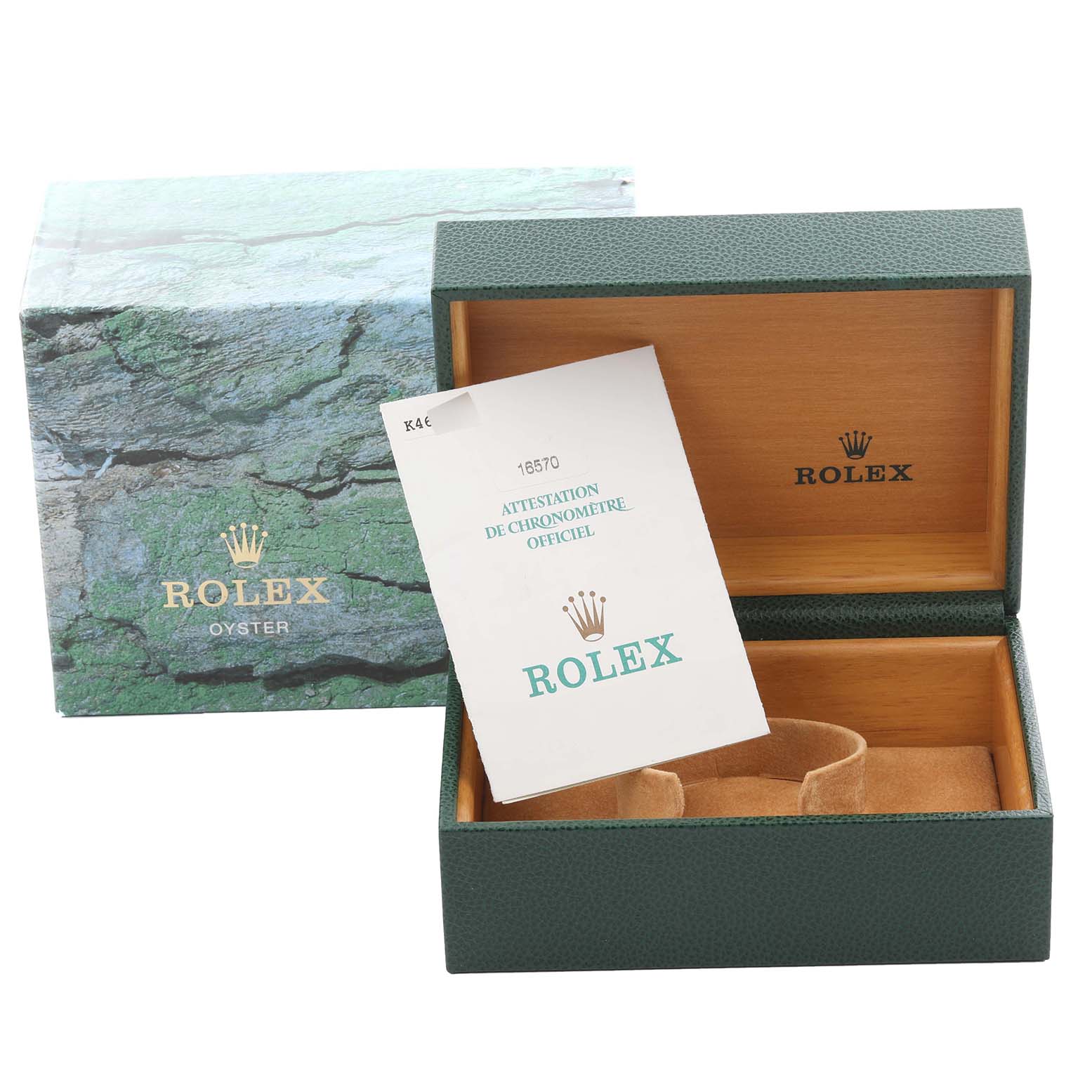 The image shows a Rolex Explorer 16570 Men's Stainless Steel White Dial 16570 Men's Stainless Steel White Dial watch box and an official chronometer certificate.