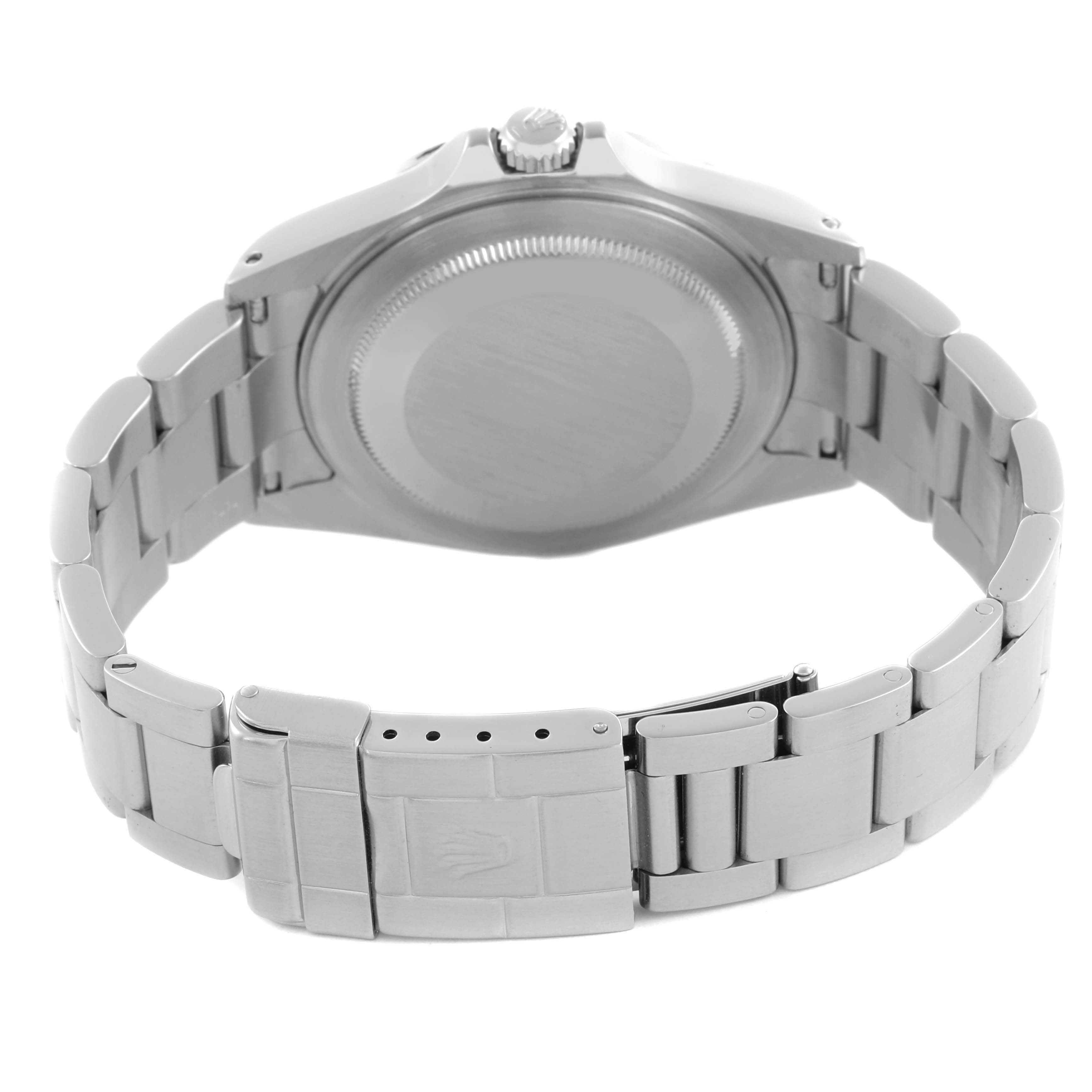 The image shows the backside, case back, and bracelet of the Rolex Explorer 16570 Men's Stainless Steel White Dial 16570 Men's Stainless Steel White Dial watch.