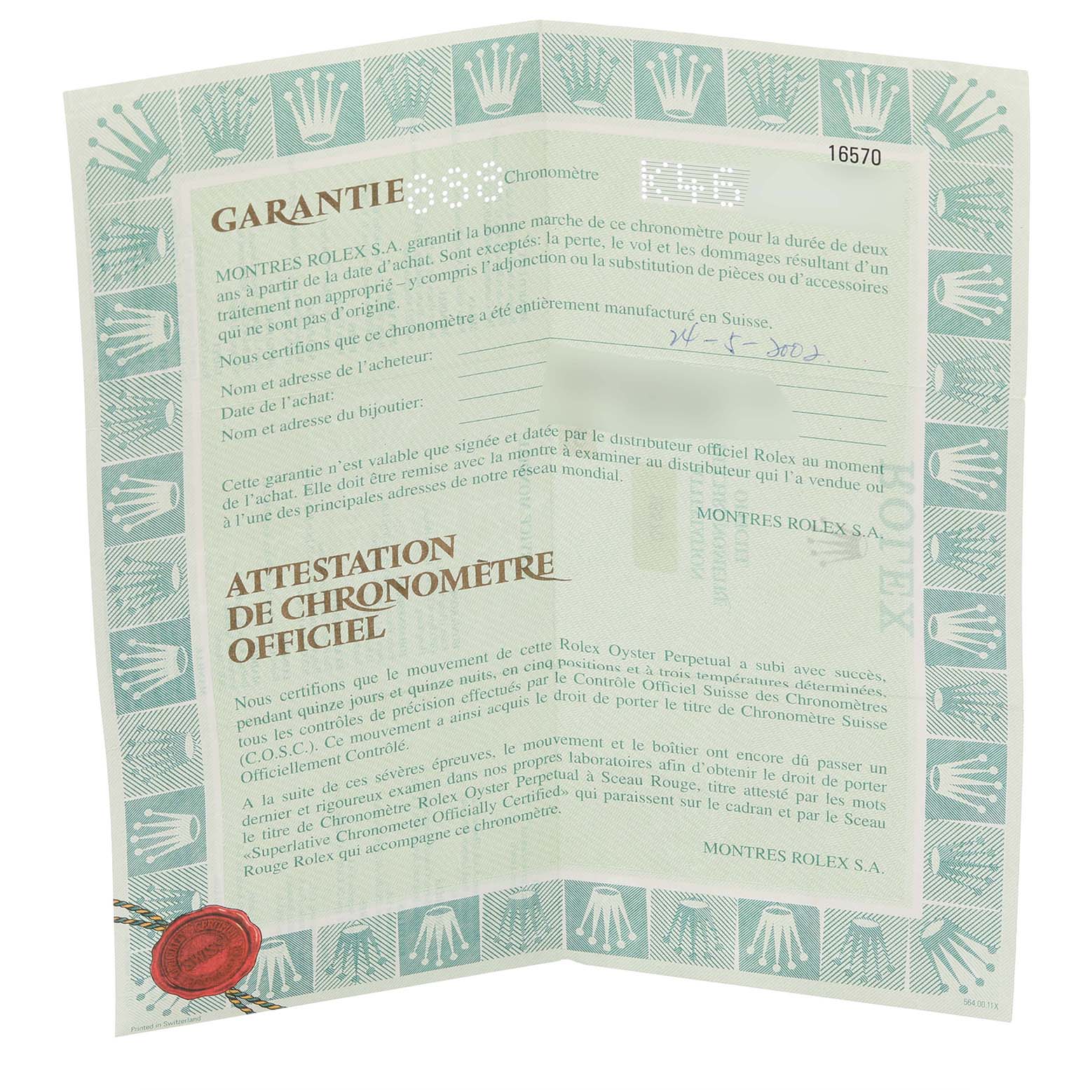 The image shows the official certificate for a Rolex Explorer 16570 Men's Stainless Steel White Dial 16570 Men's Stainless Steel White Dial, featuring warranty and chronometer details.