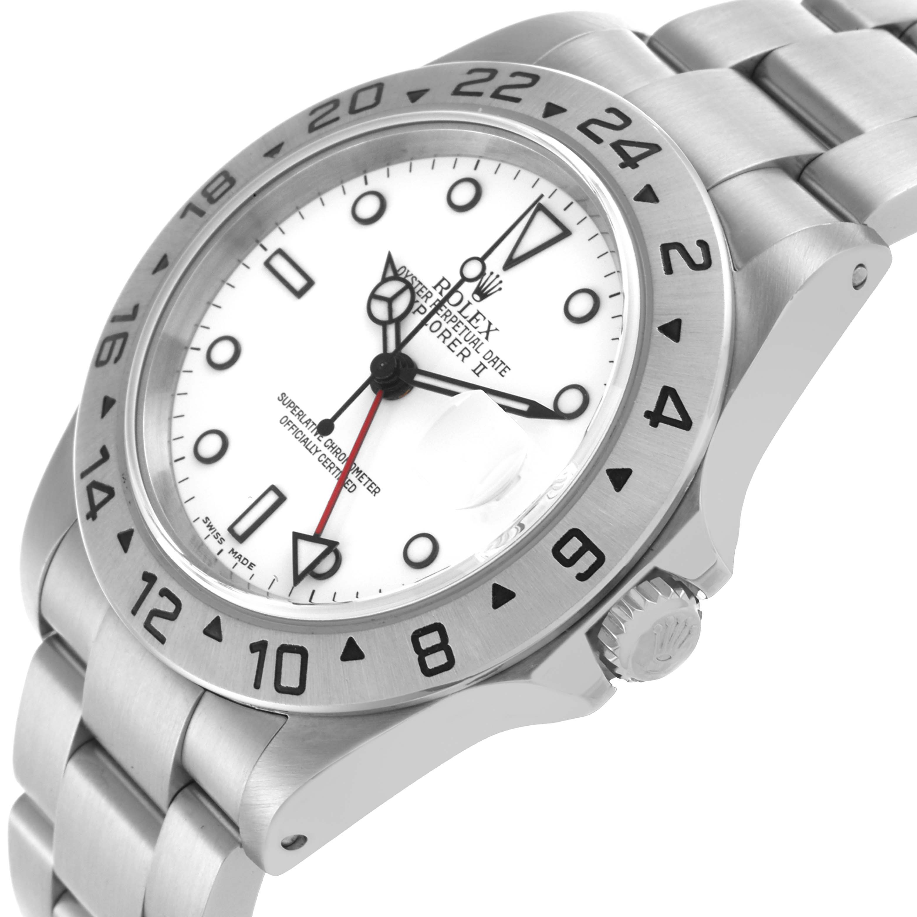 The Rolex Explorer 16570 Men's Stainless Steel White Dial 16570 Men's Stainless Steel White Dial watch is shown from a three-quarter angle, featuring the bezel, dial, bracelet, and crown.