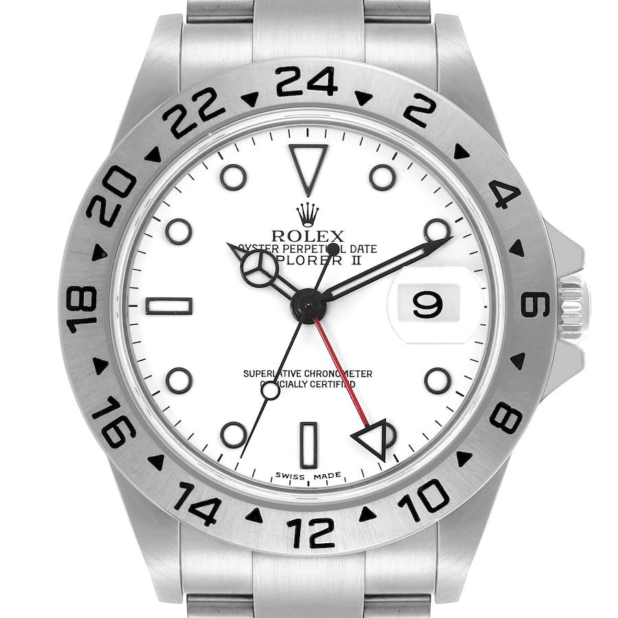 The Rolex Explorer II watch is shown from the front, displaying the face, bezel, and part of the bracelet.